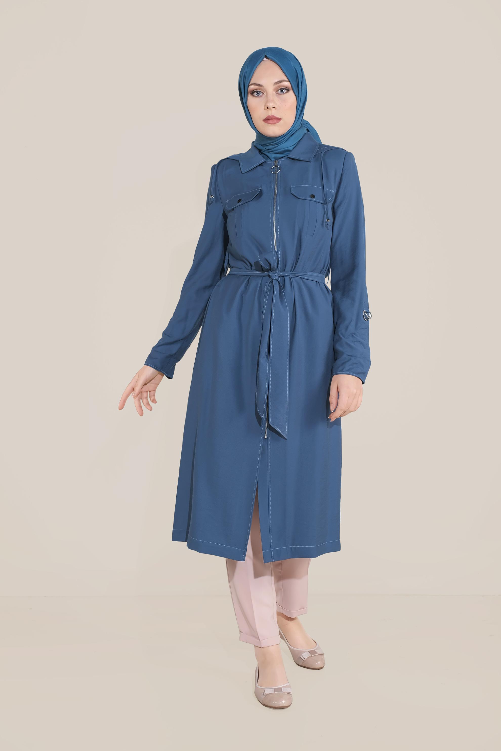 Tesettür giyim LACİVERT KAPÜŞONLU KUŞAKLI TRENÇKOT 10175