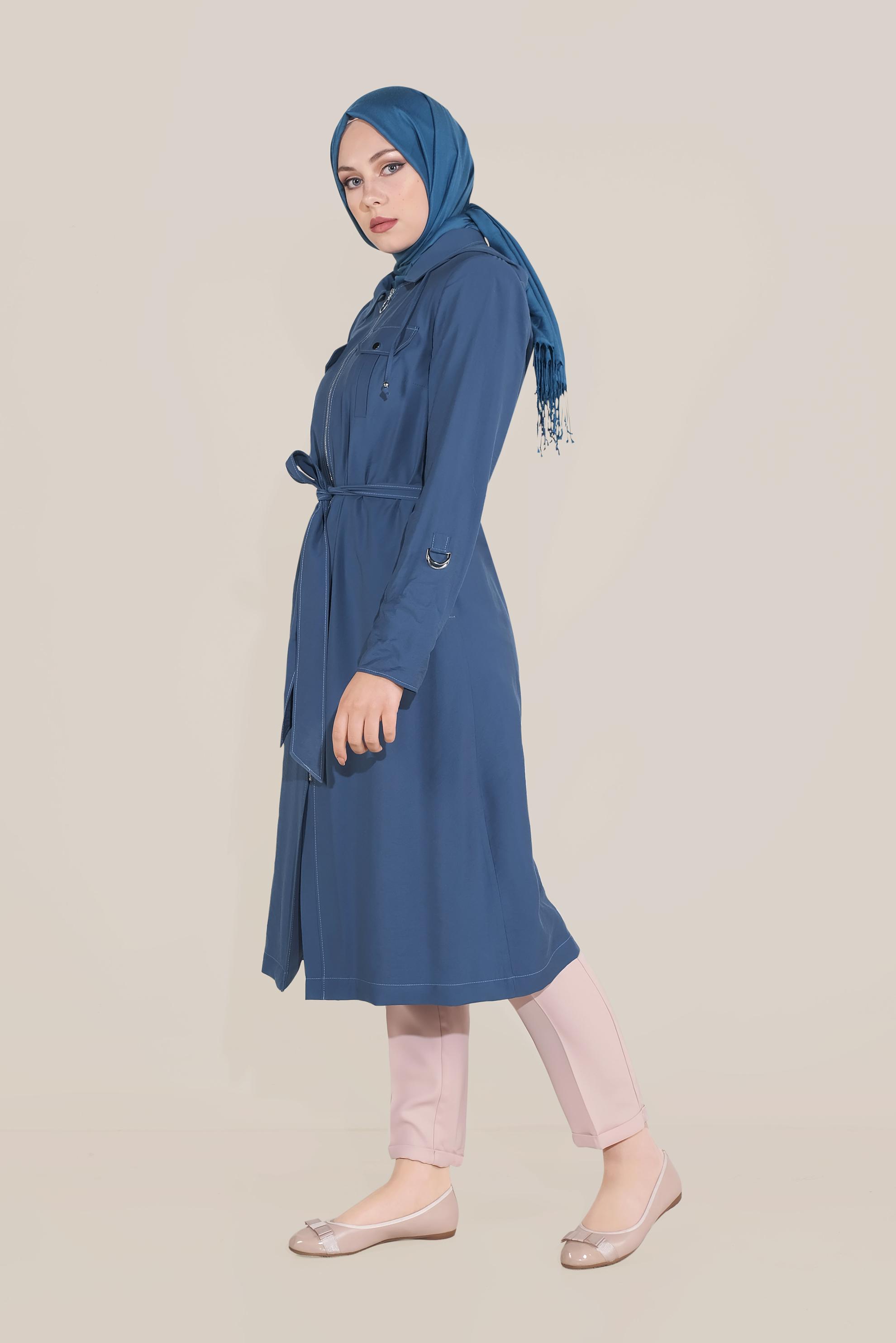 Tesettür giyim LACİVERT KAPÜŞONLU KUŞAKLI TRENÇKOT 10175