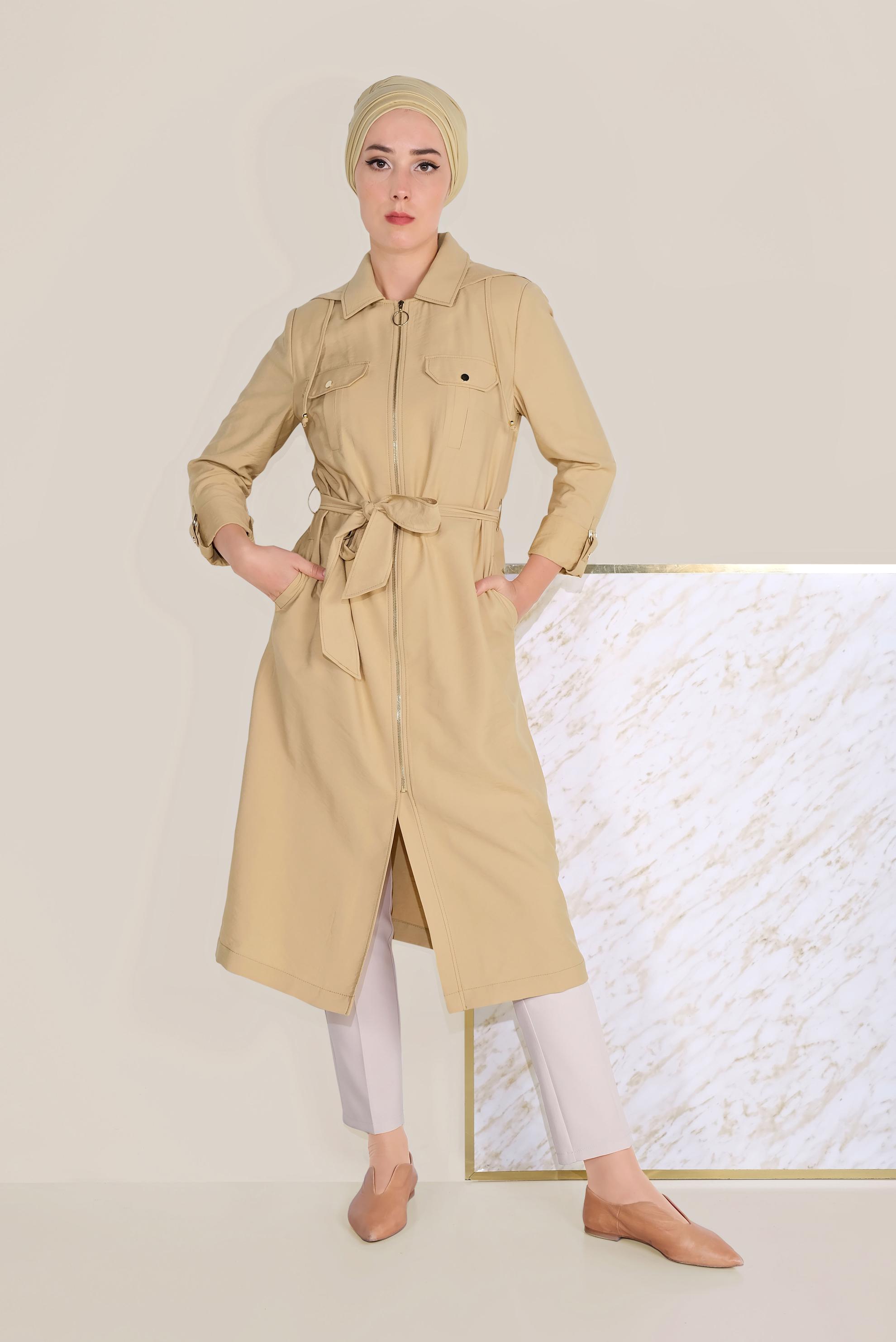 Tesettür giyim KAHVE KAPÜŞONLU KUŞAKLI TRENÇKOT 10175