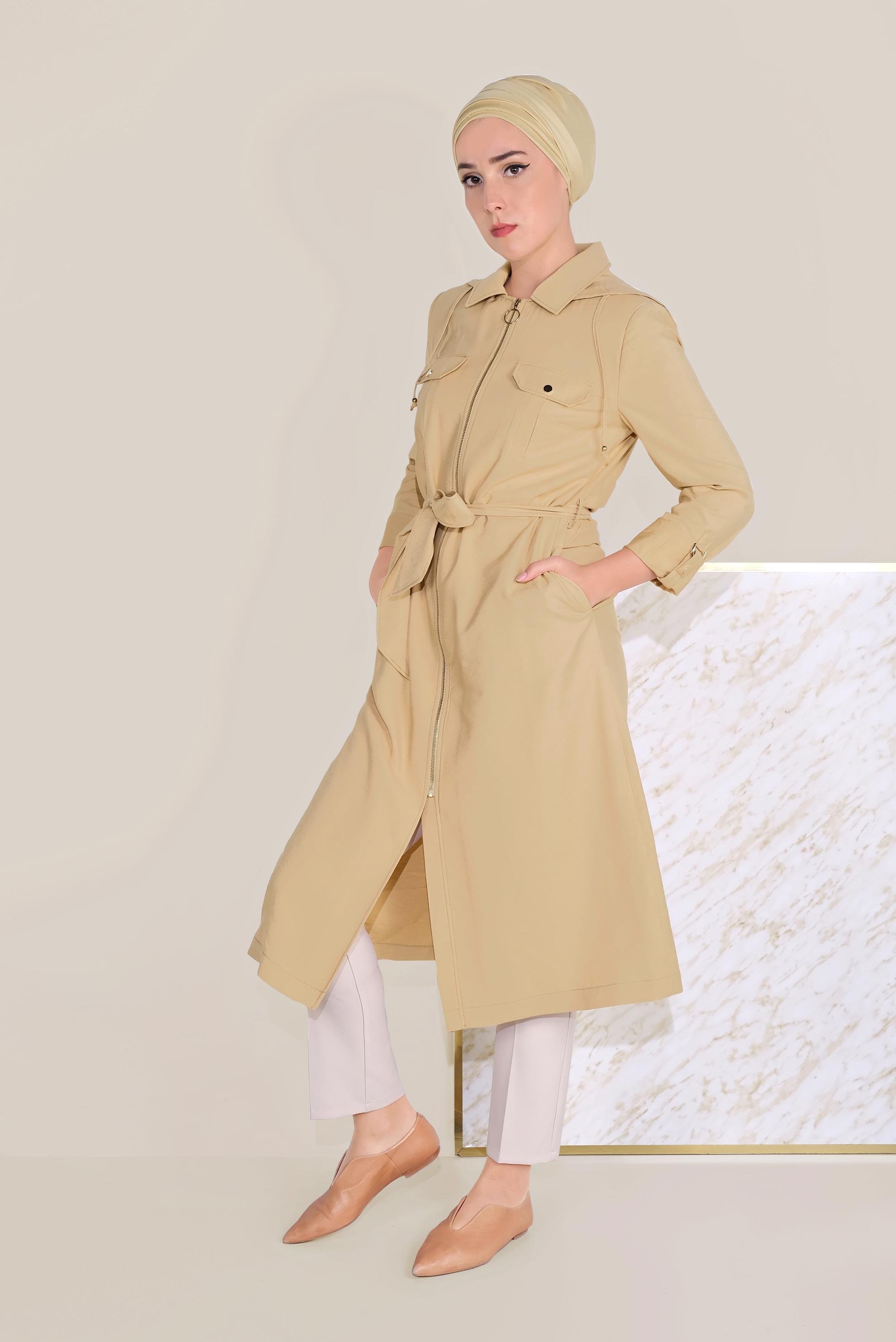 Tesettür giyim KAHVE KAPÜŞONLU KUŞAKLI TRENÇKOT 10175