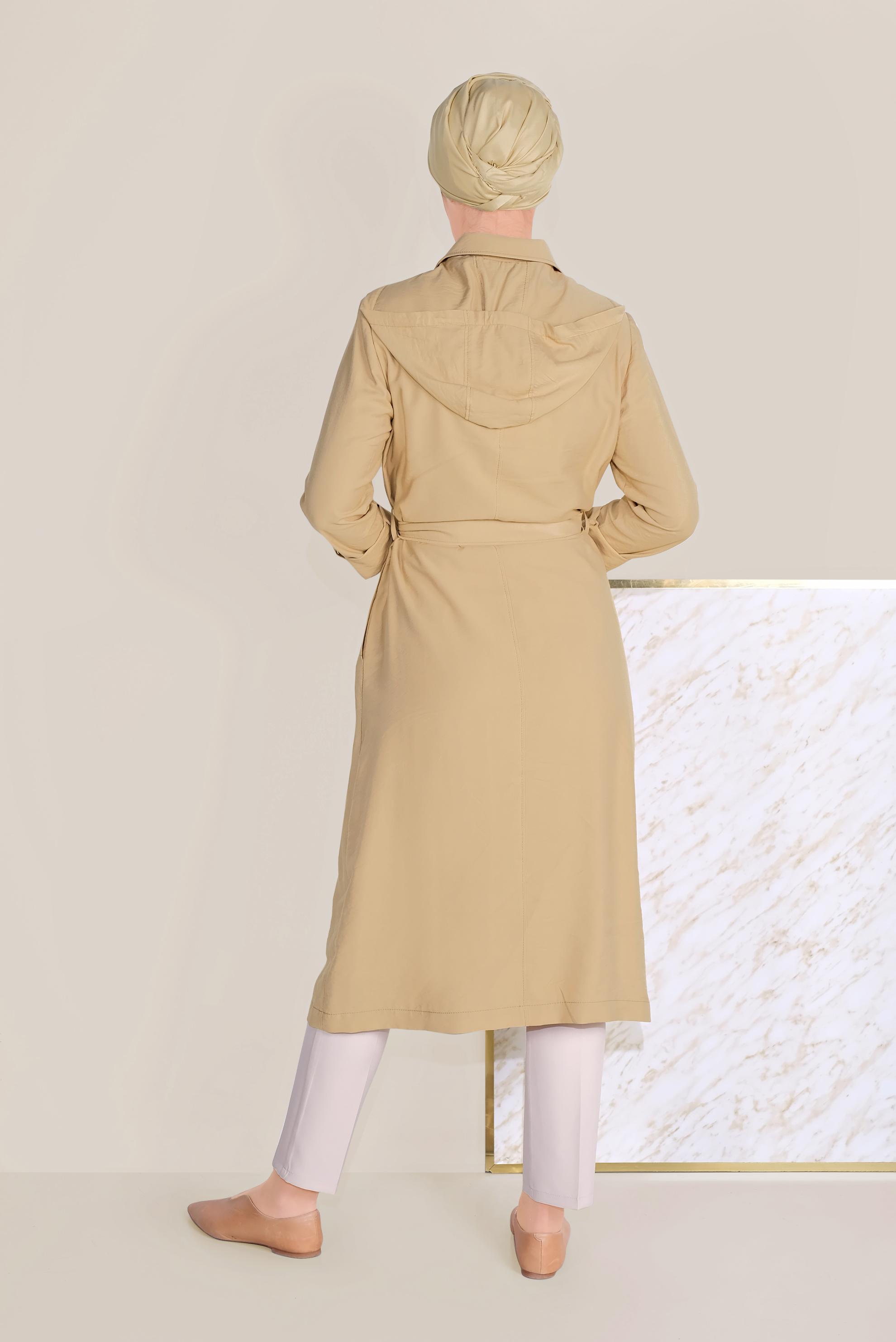 Tesettür giyim KAHVE KAPÜŞONLU KUŞAKLI TRENÇKOT 10175