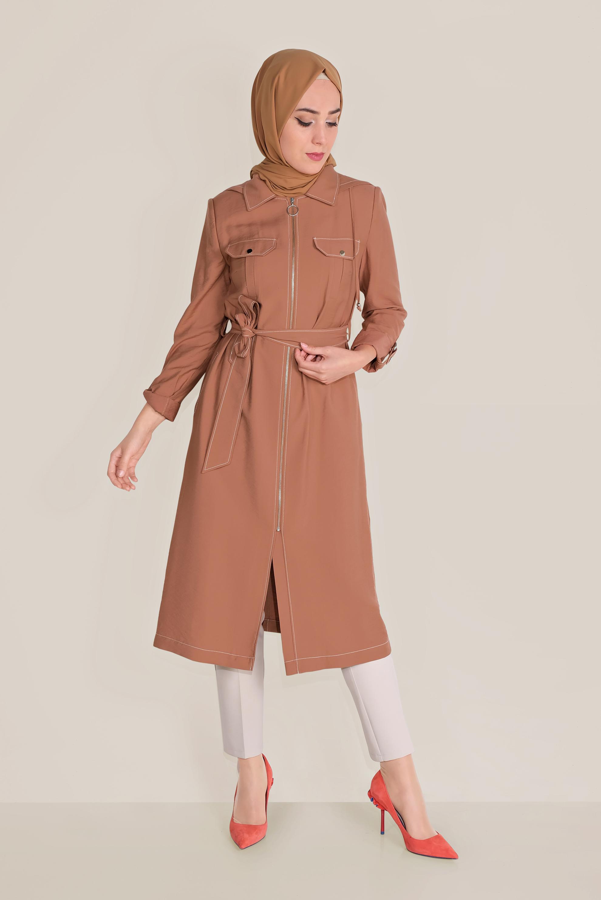 Tesettür giyim KAHVE KAPÜŞONLU KUŞAKLI TRENÇKOT 10175