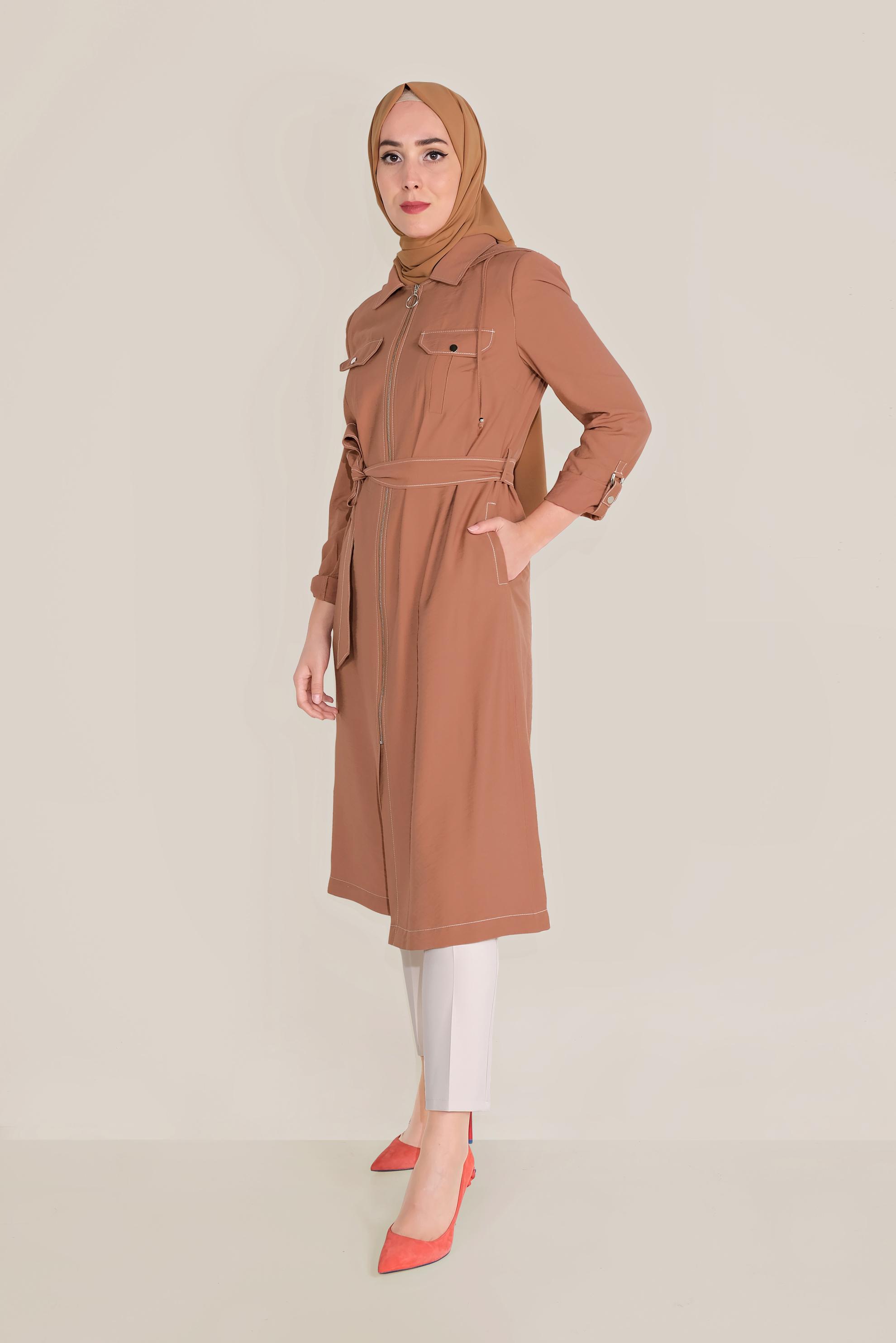 Tesettür giyim KAHVE KAPÜŞONLU KUŞAKLI TRENÇKOT 10175