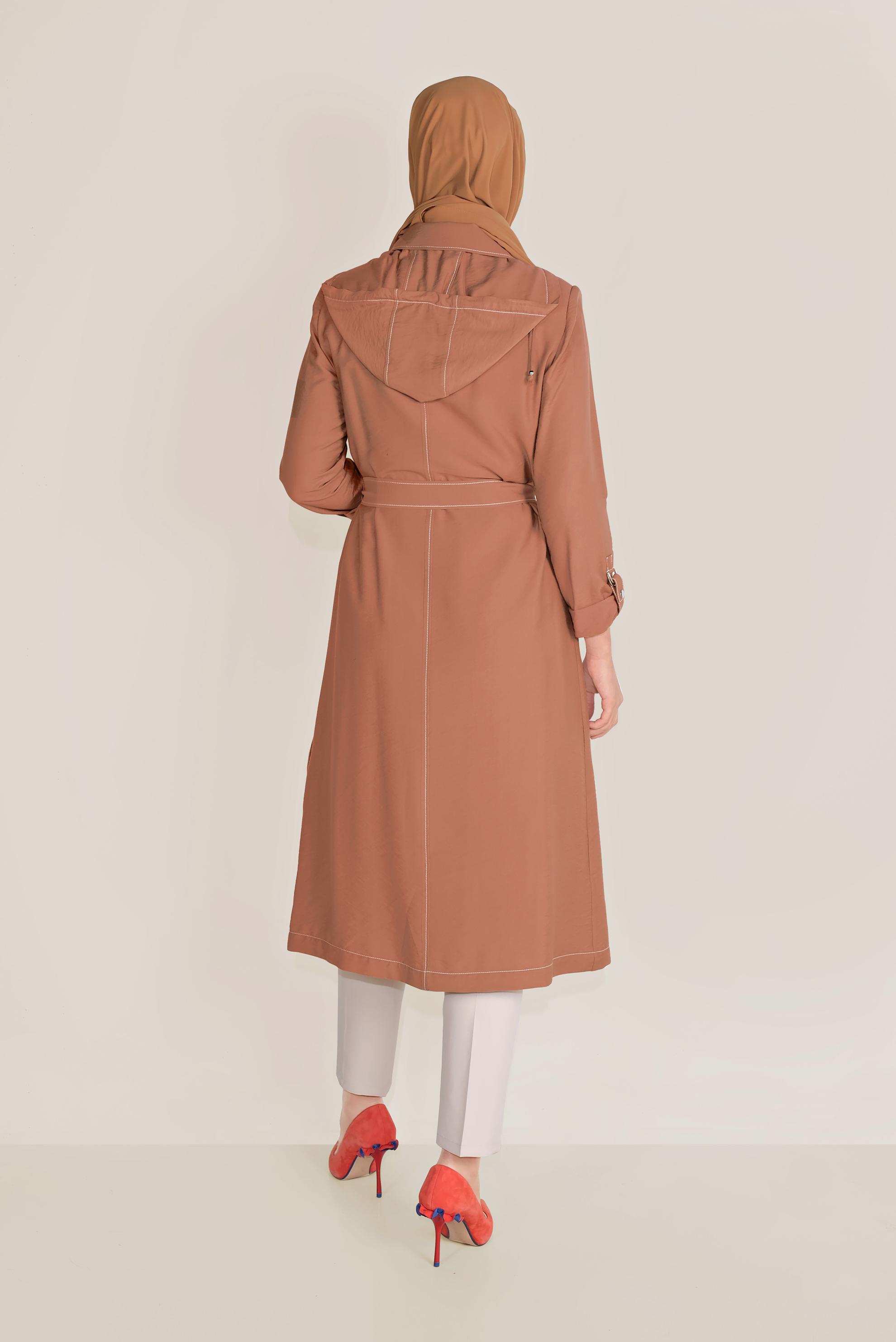 Tesettür giyim KAHVE KAPÜŞONLU KUŞAKLI TRENÇKOT 10175