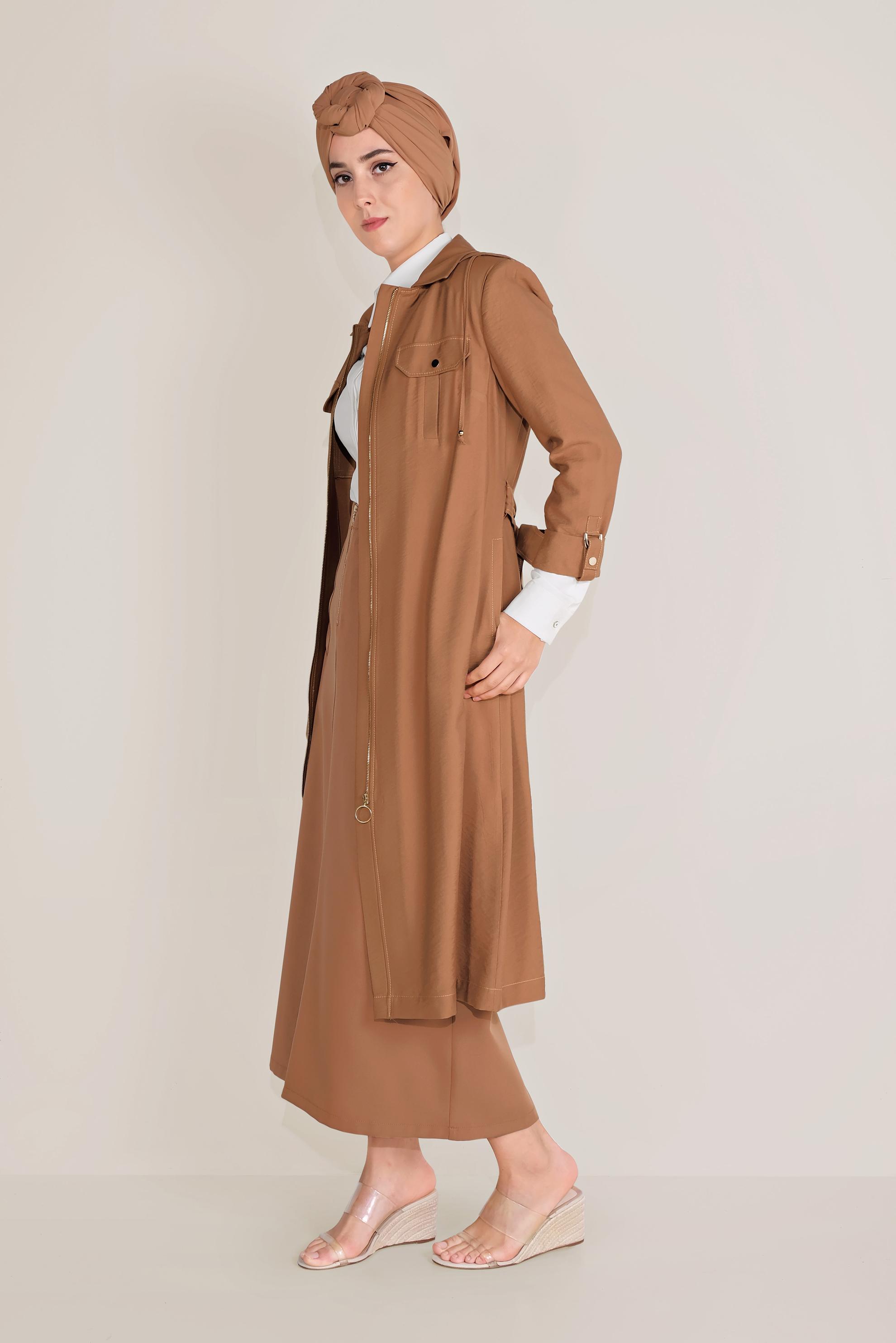 Tesettür giyim KAHVE KAPÜŞONLU KUŞAKLI TRENÇKOT 10175