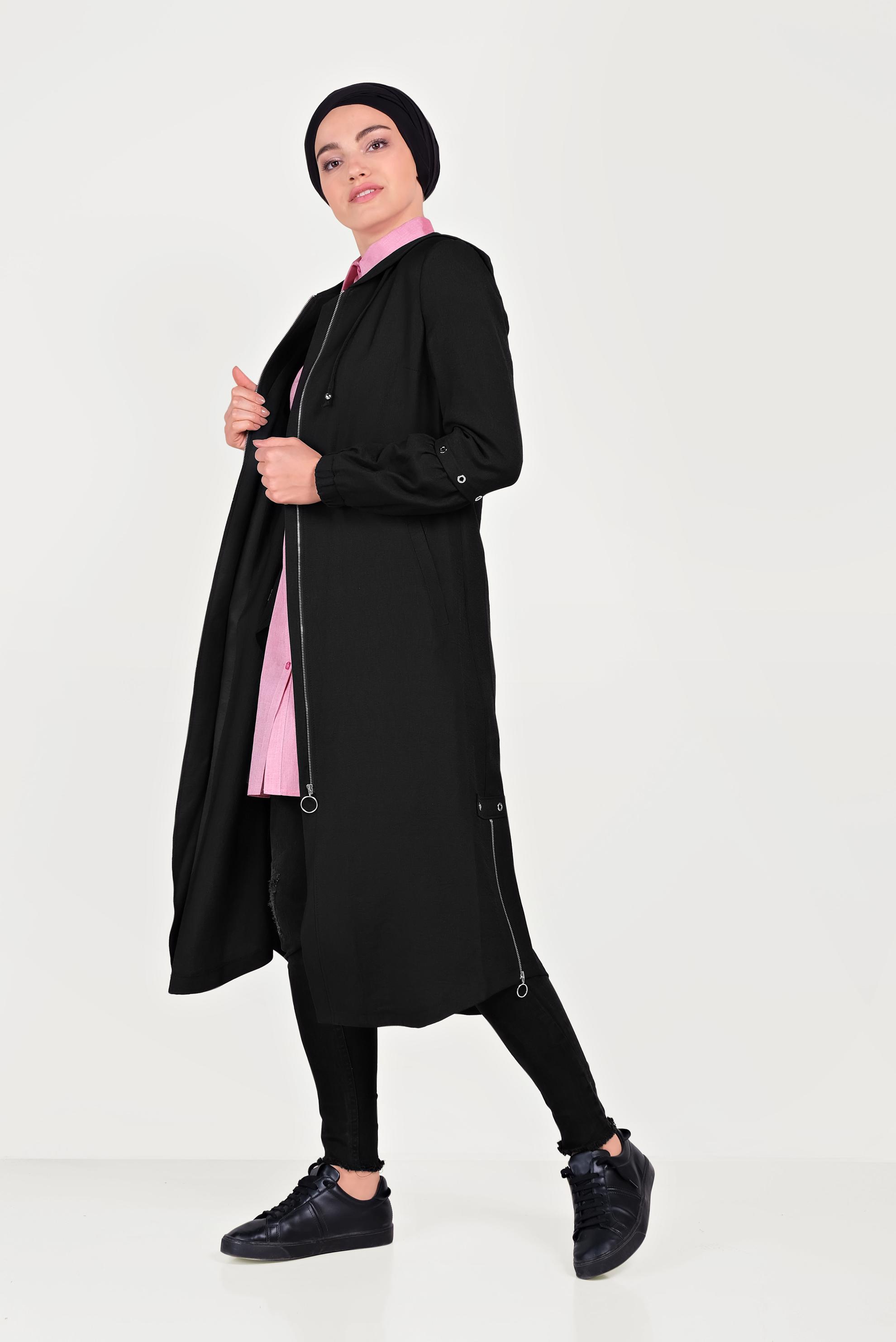 Tesettür giyim SİYAH FERMUARLI KAPÜŞONLU TRENÇKOT 10181