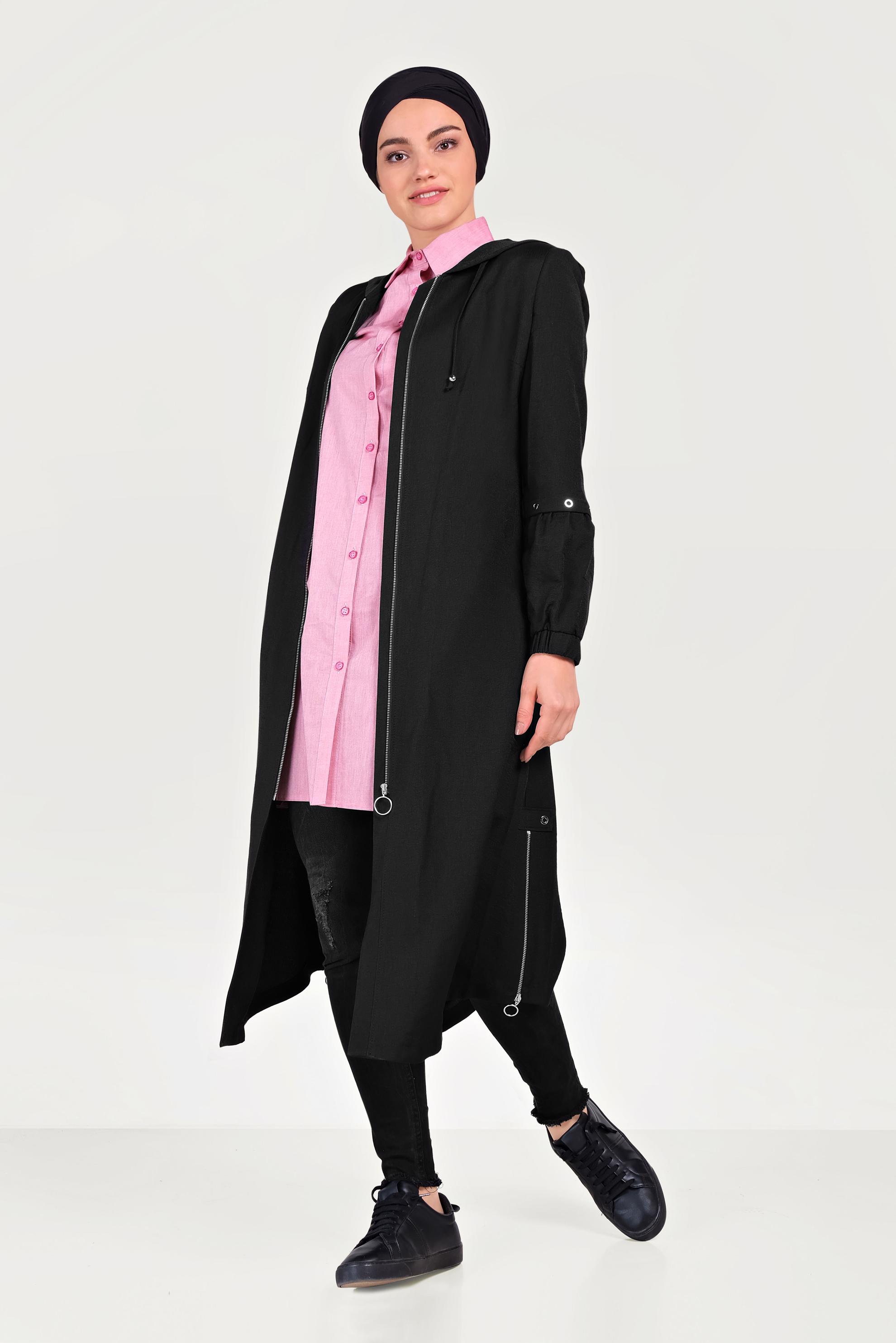 Tesettür giyim SİYAH FERMUARLI KAPÜŞONLU TRENÇKOT 10181