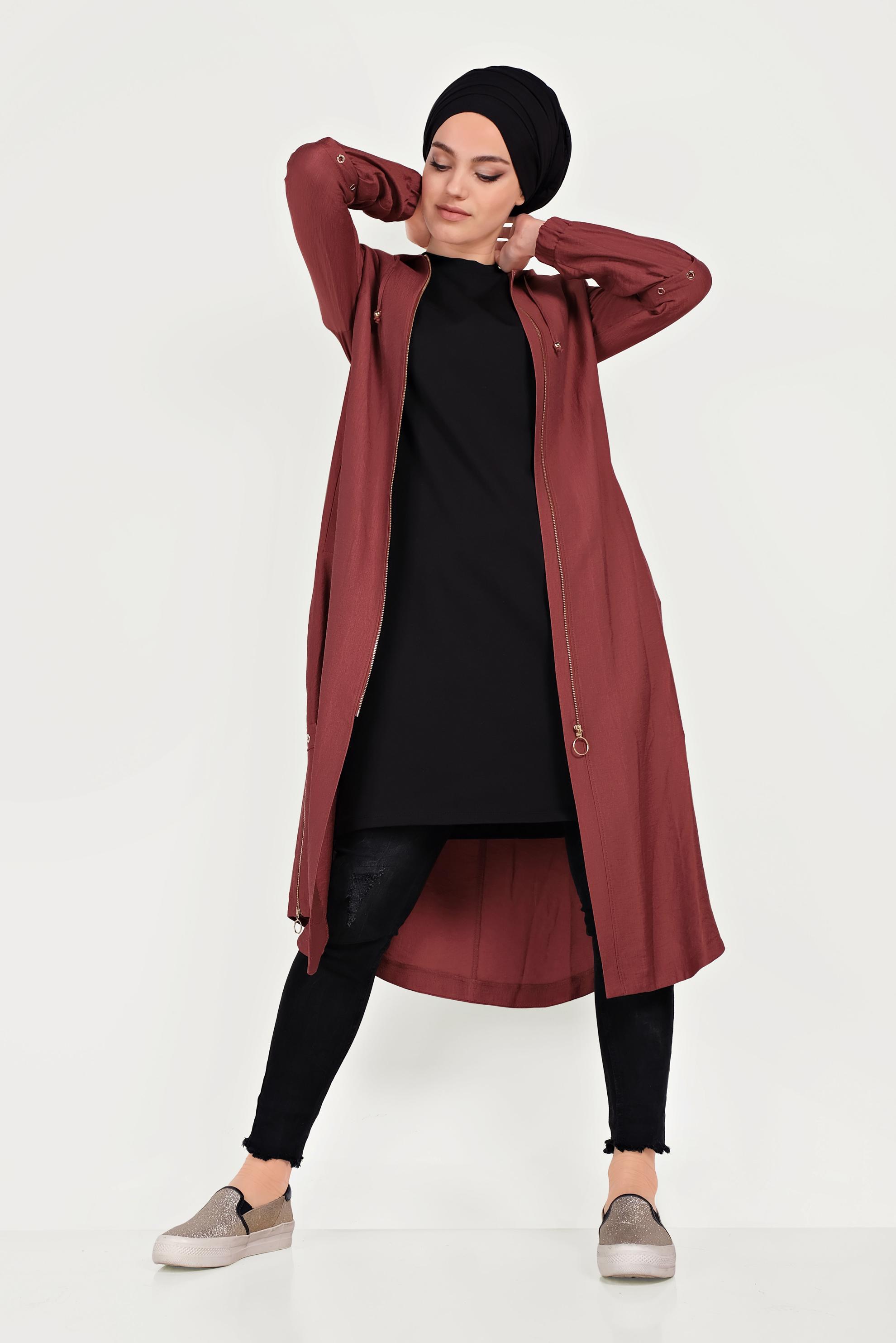 Tesettür giyim BORDO FERMUARLI KAPÜŞONLU TRENÇKOT 10181
