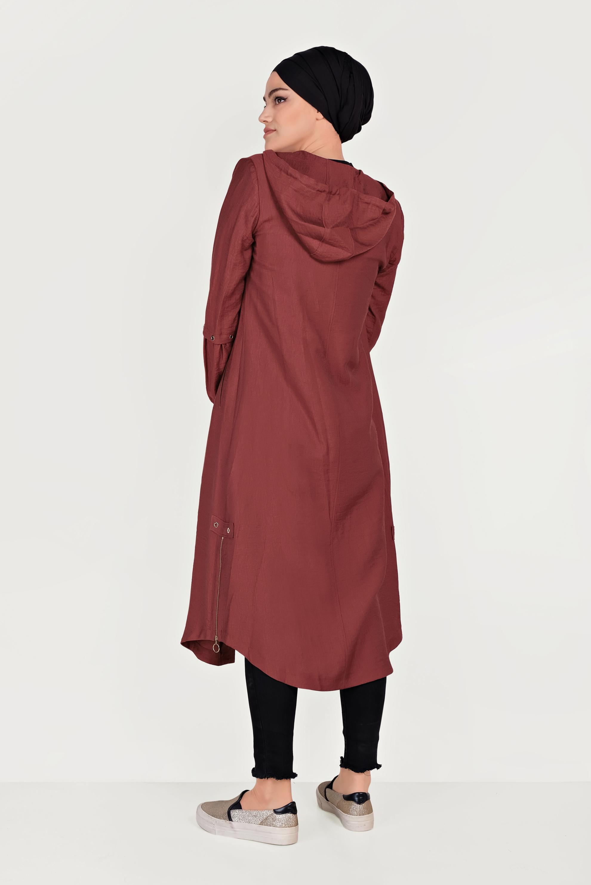 Tesettür giyim BORDO FERMUARLI KAPÜŞONLU TRENÇKOT 10181