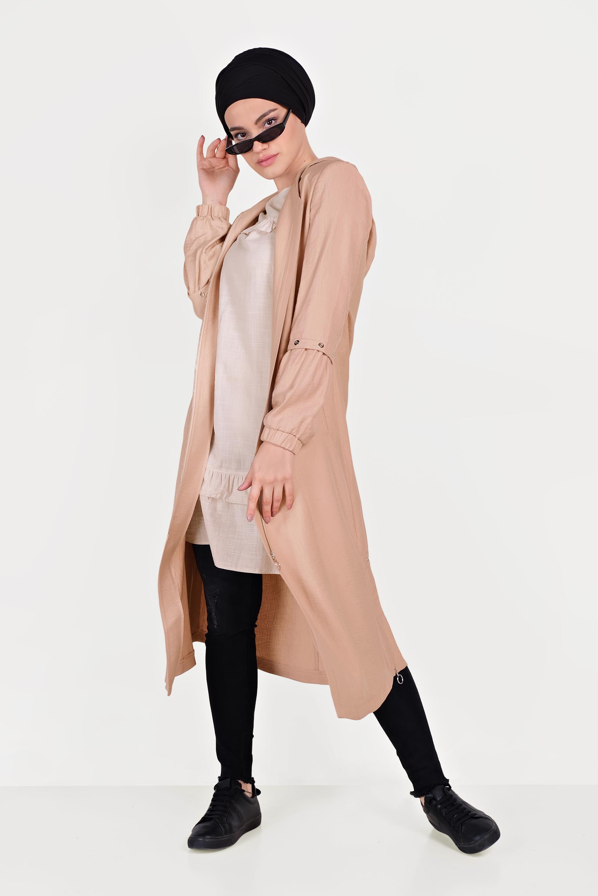 Tesettür giyim PUDRA FERMUARLI KAPÜŞONLU TRENÇKOT 10181