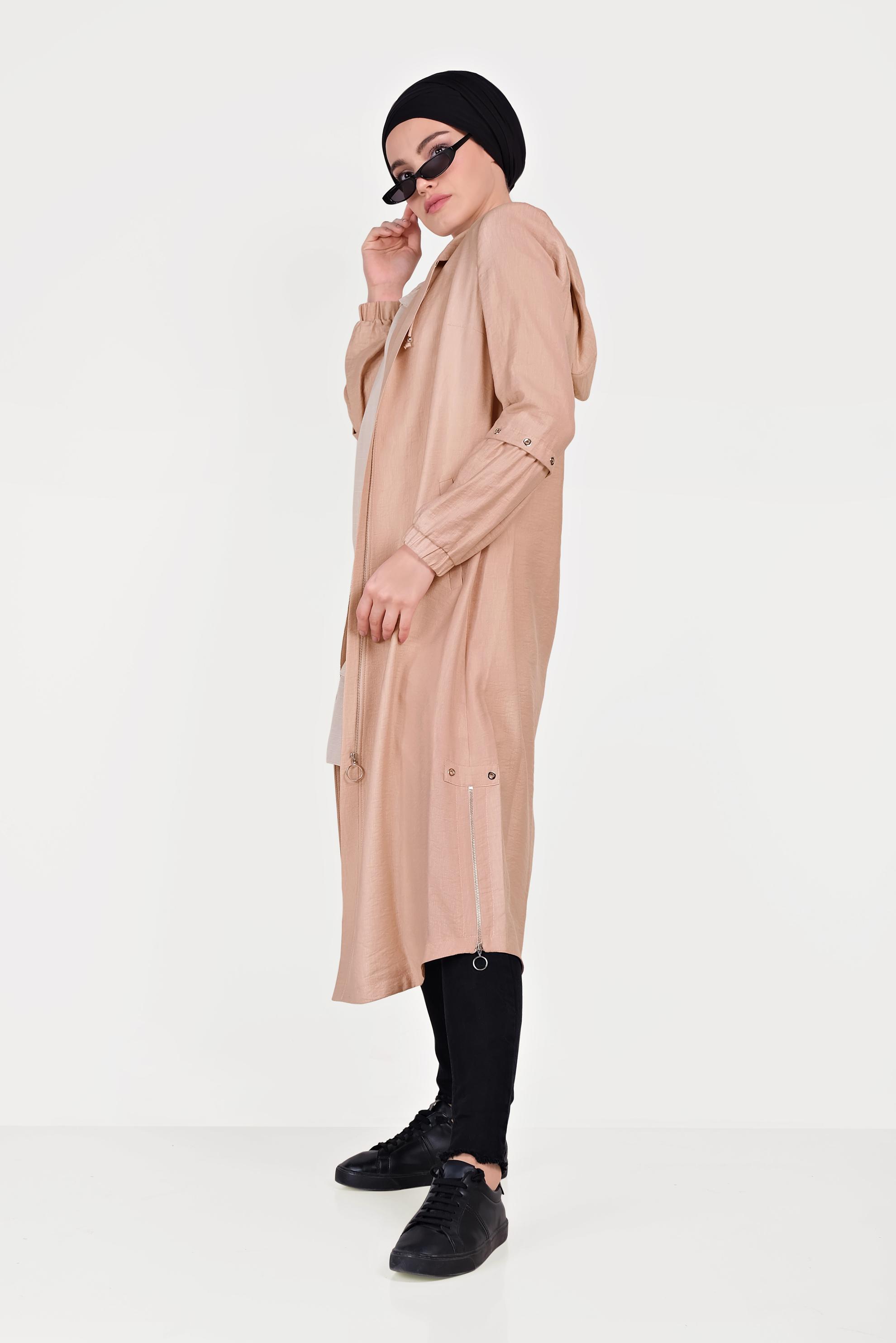 Tesettür giyim PUDRA FERMUARLI KAPÜŞONLU TRENÇKOT 10181