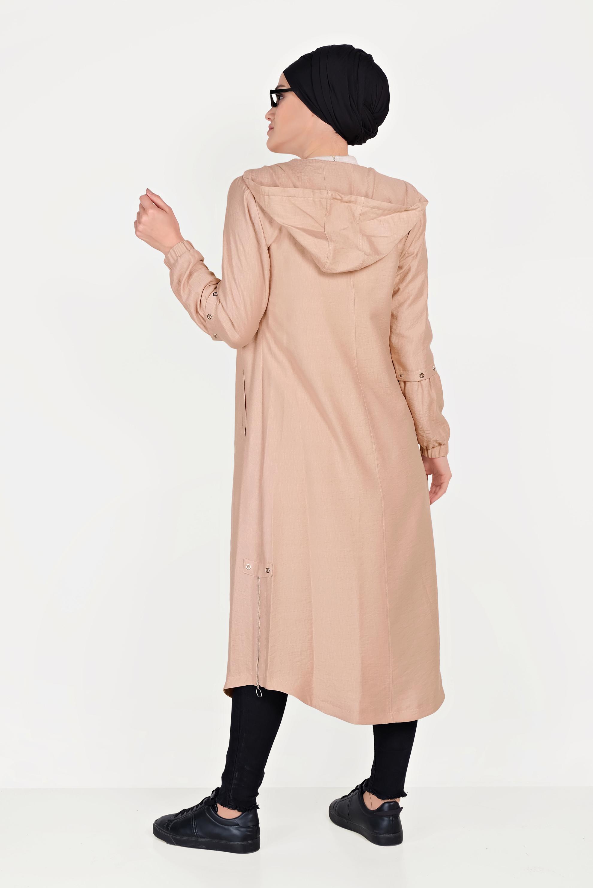 Tesettür giyim PUDRA FERMUARLI KAPÜŞONLU TRENÇKOT 10181