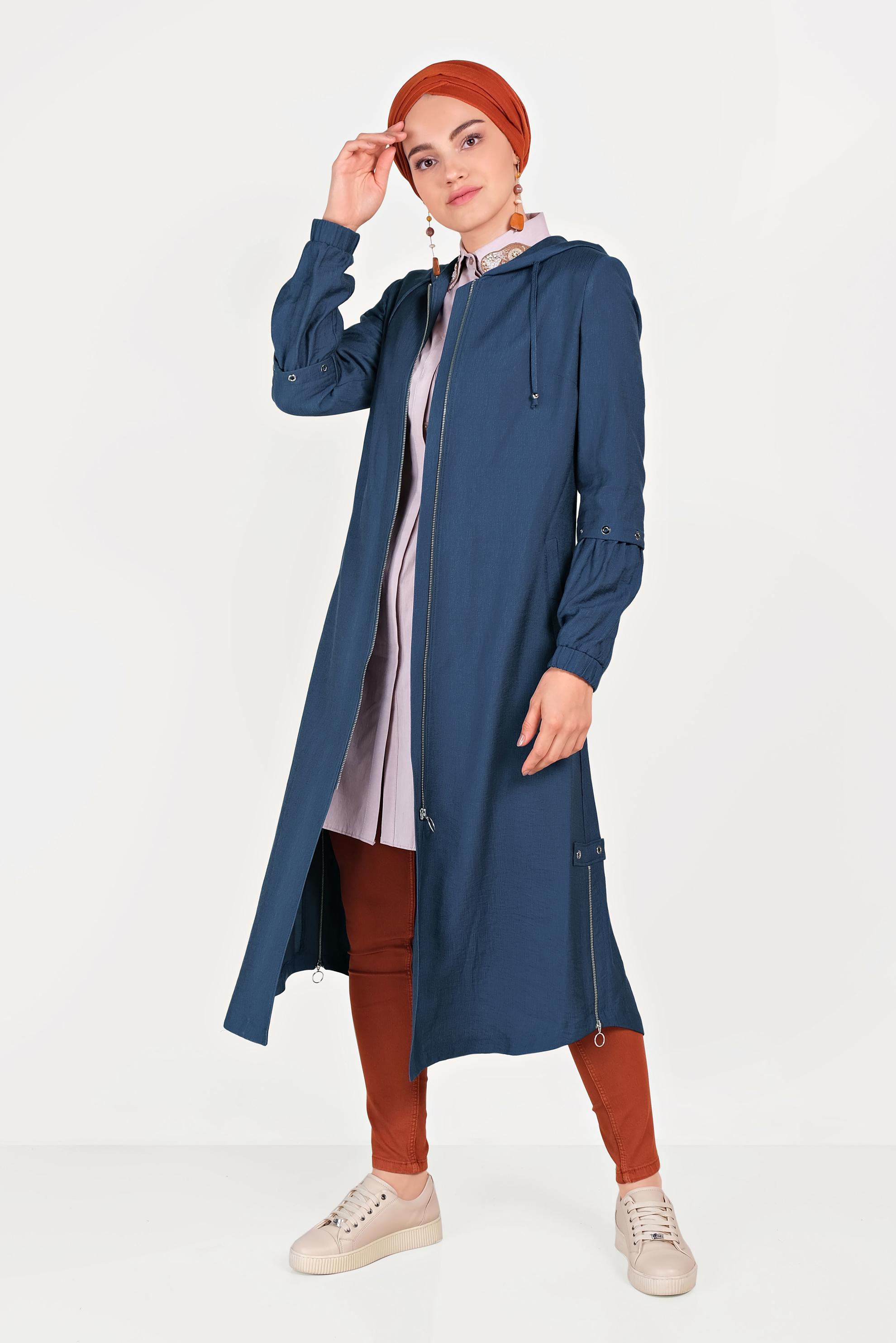 Tesettür giyim LACİVERT FERMUARLI KAPÜŞONLU TRENÇKOT 10181