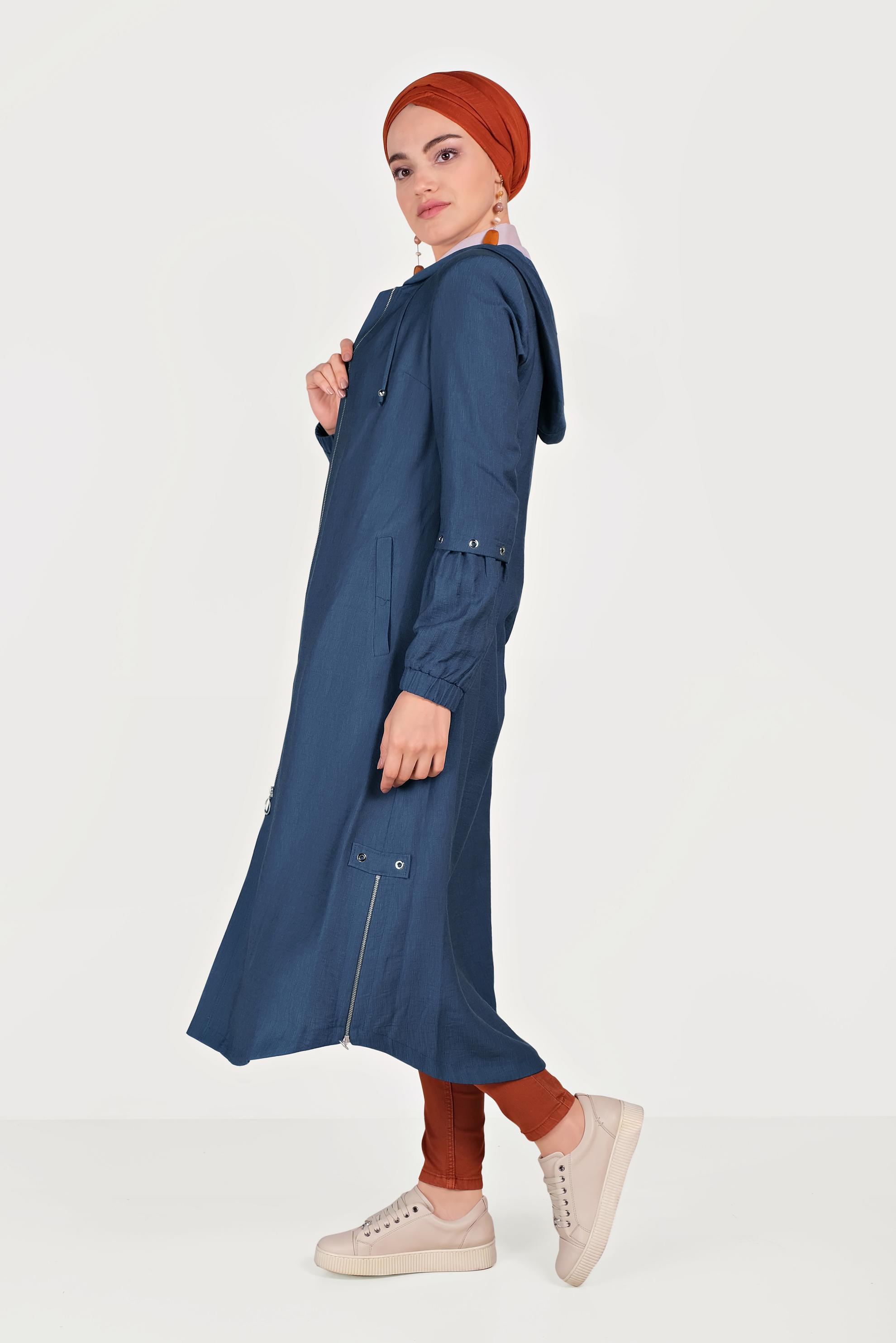 Tesettür giyim LACİVERT FERMUARLI KAPÜŞONLU TRENÇKOT 10181