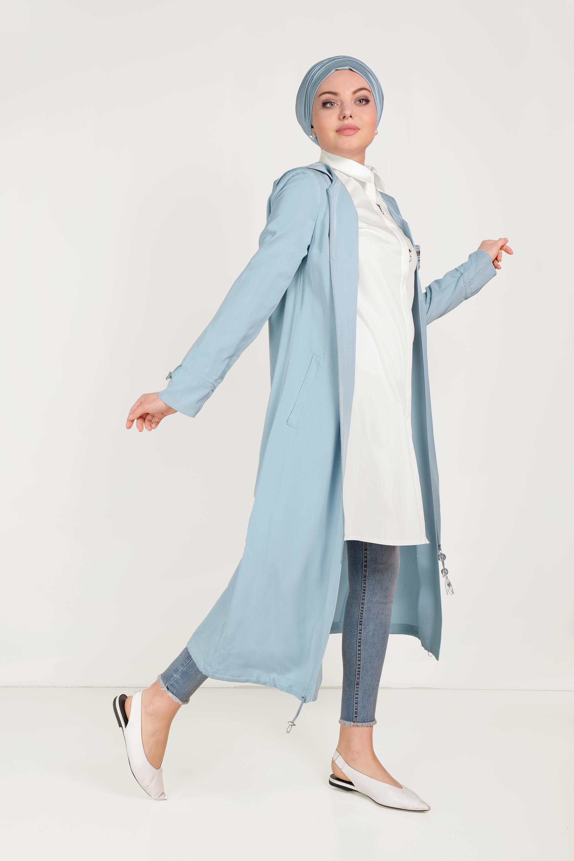 Tesettür giyim MAVİ CEBİ PULLU FERMUARLI TRENÇKOT 10186