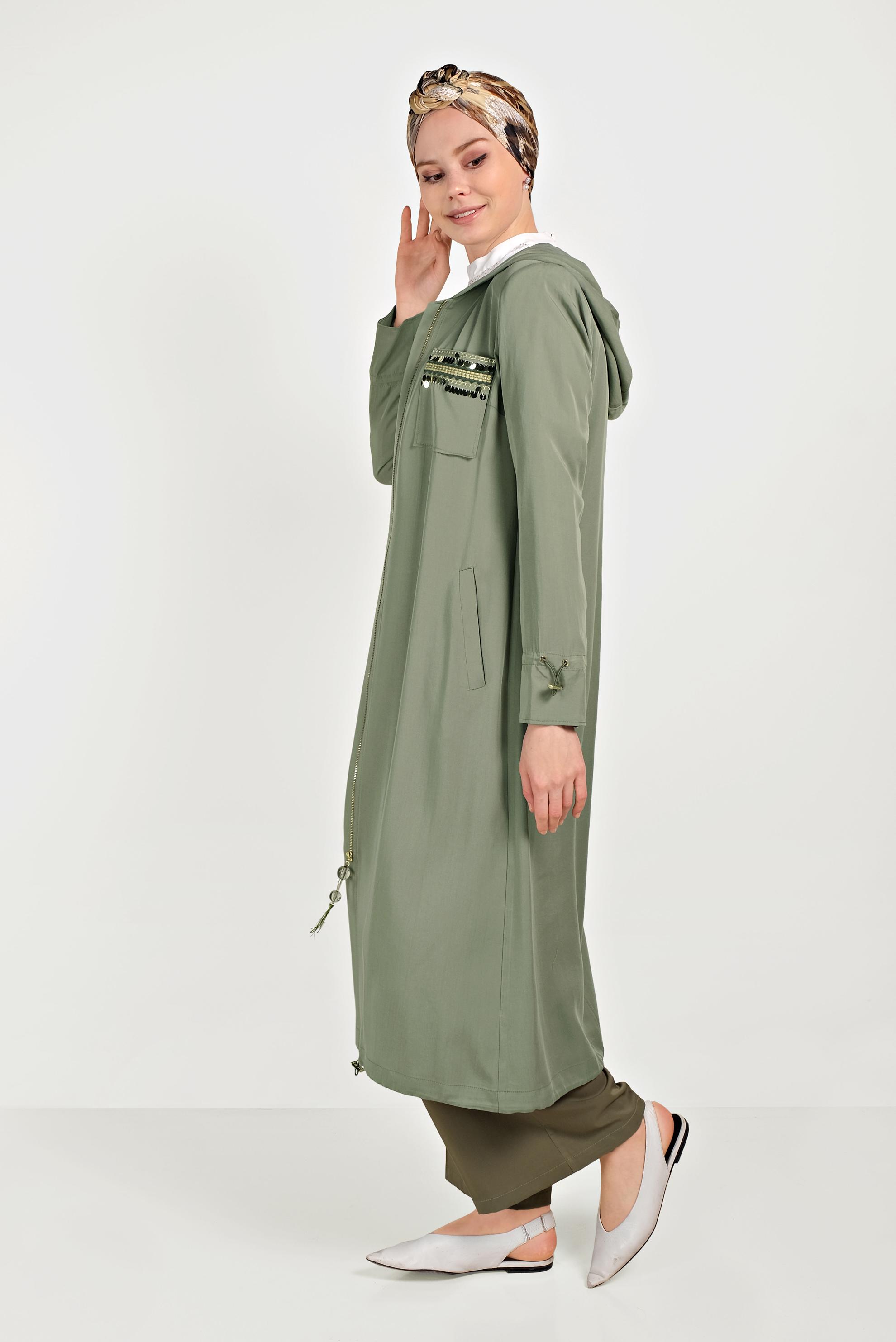 Tesettür giyim HAKİ CEBİ PULLU FERMUARLI TRENÇKOT 10186