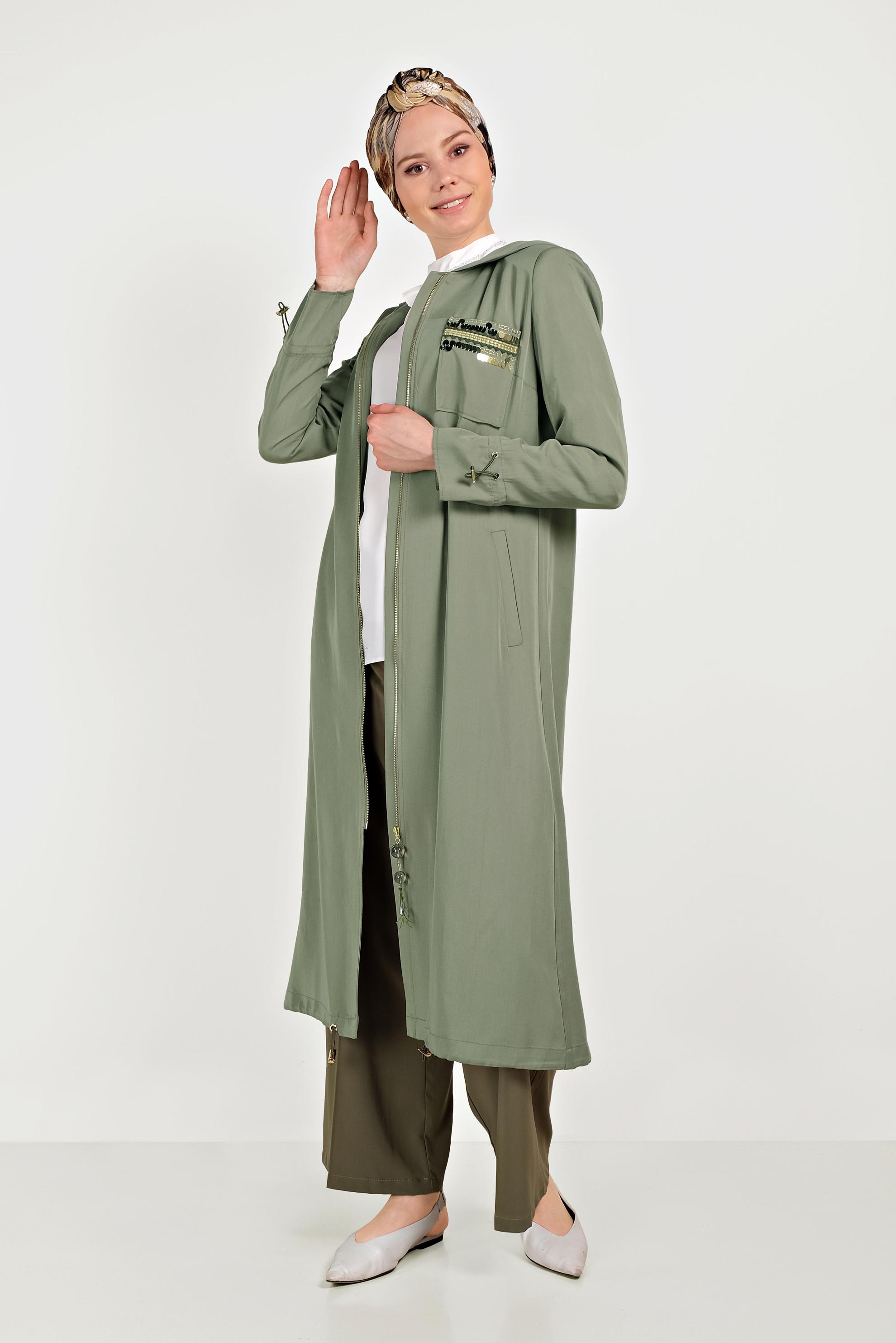 Tesettür giyim HAKİ CEBİ PULLU FERMUARLI TRENÇKOT 10186