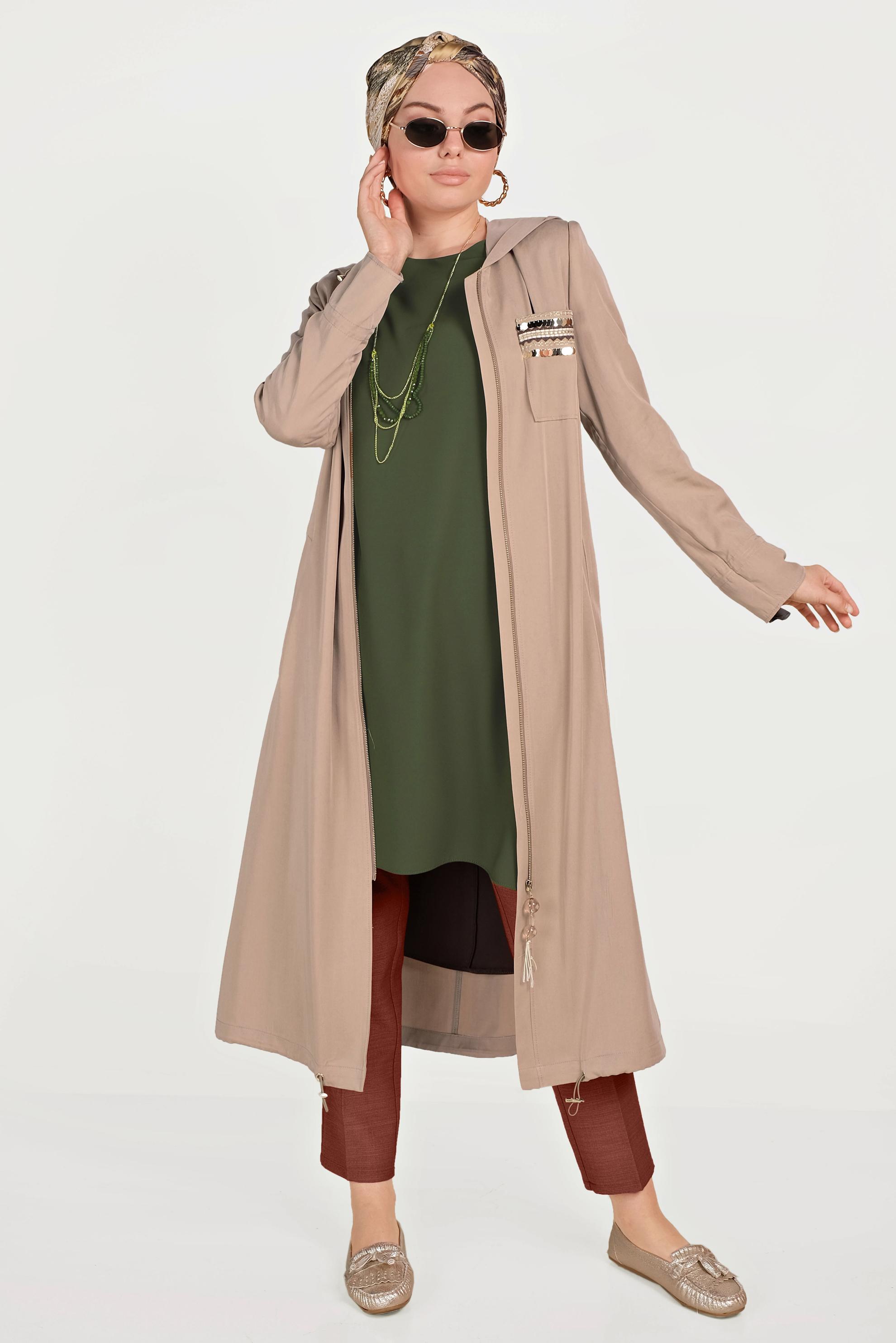 Tesettür giyim KAHVE CEBİ PULLU FERMUARLI TRENÇKOT 10186