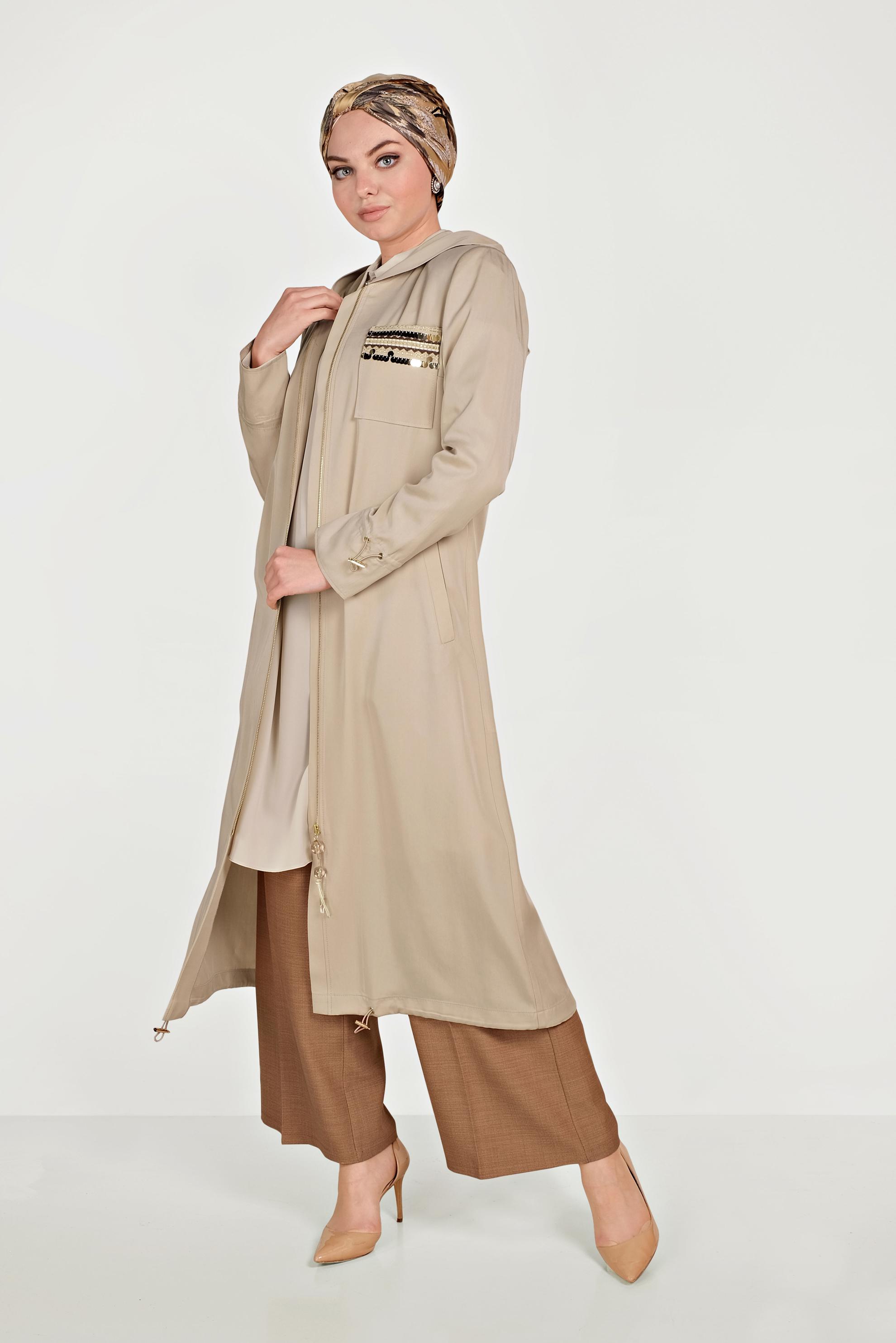 Tesettür giyim BEJ CEBİ PULLU FERMUARLI TRENÇKOT 10186