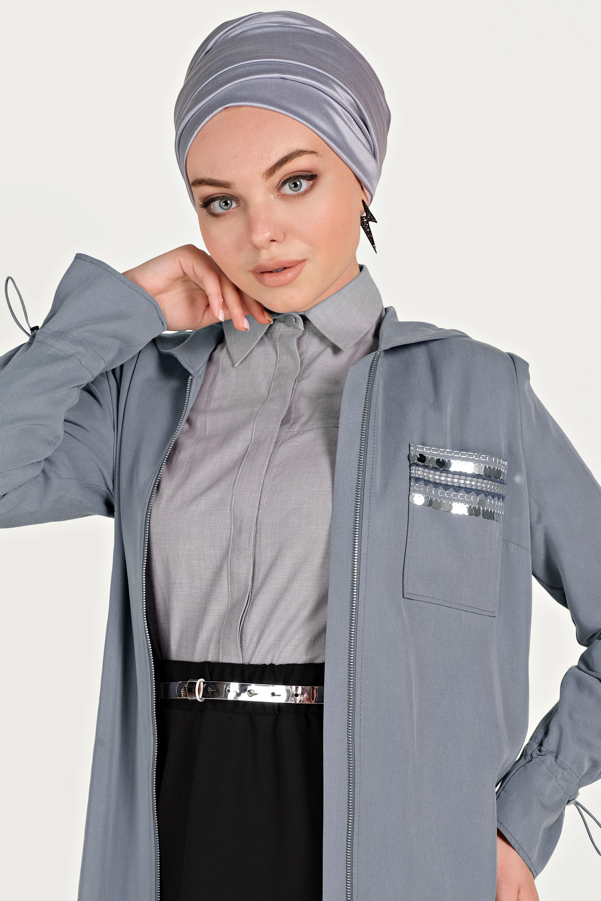 Tesettür giyim GRİ CEBİ PULLU FERMUARLI TRENÇKOT 10186