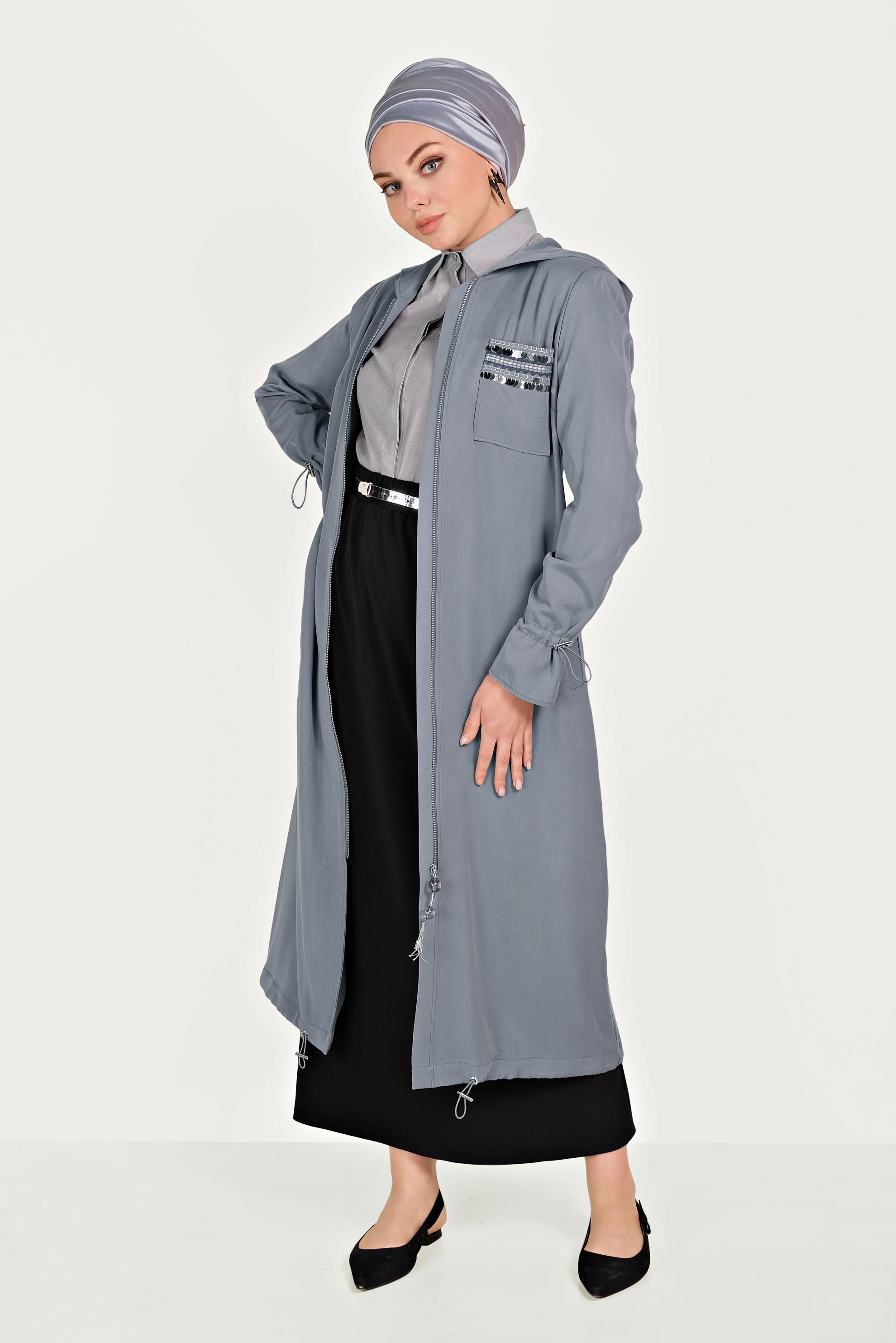 Tesettür giyim GRİ CEBİ PULLU FERMUARLI TRENÇKOT 10186