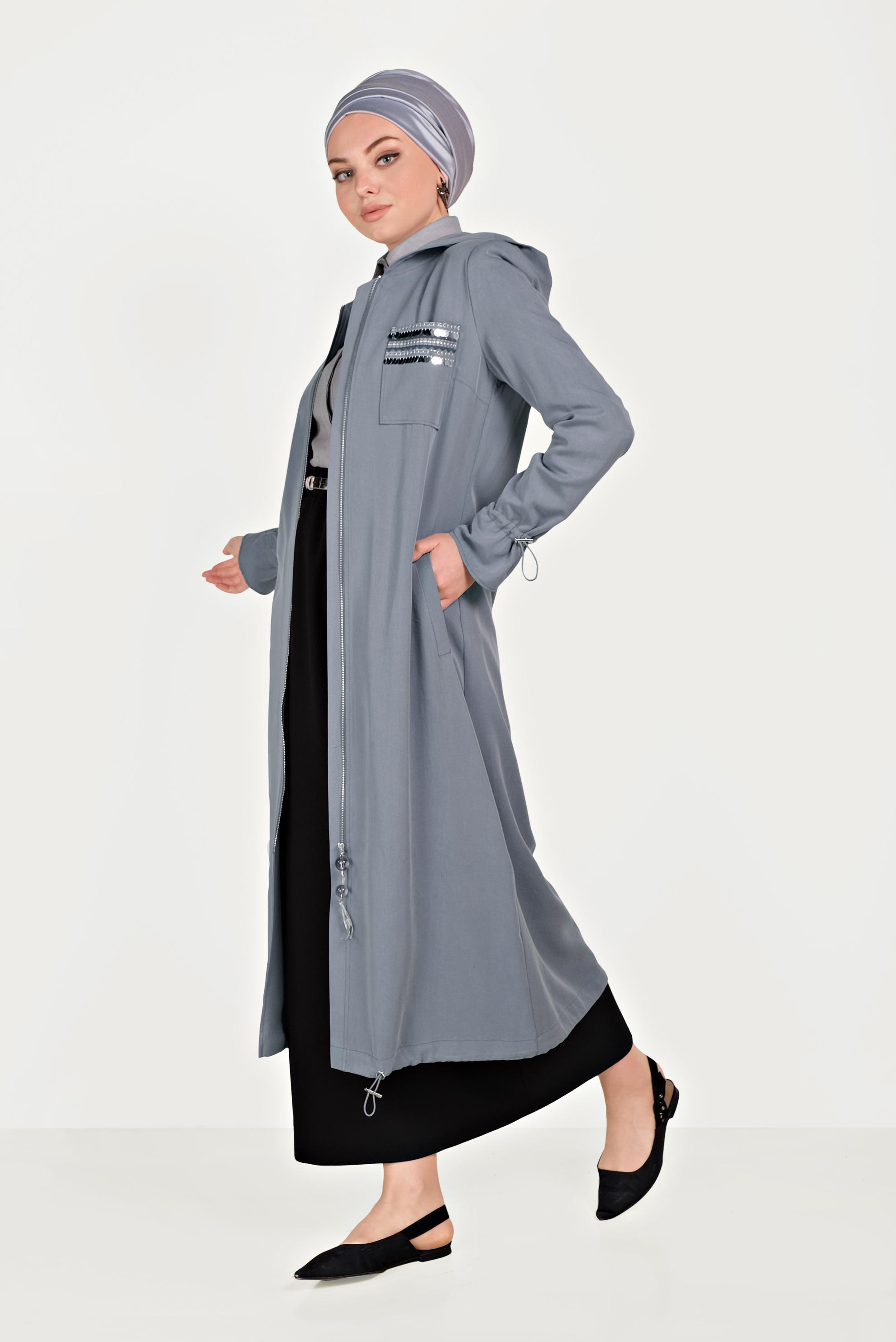 Tesettür giyim GRİ CEBİ PULLU FERMUARLI TRENÇKOT 10186
