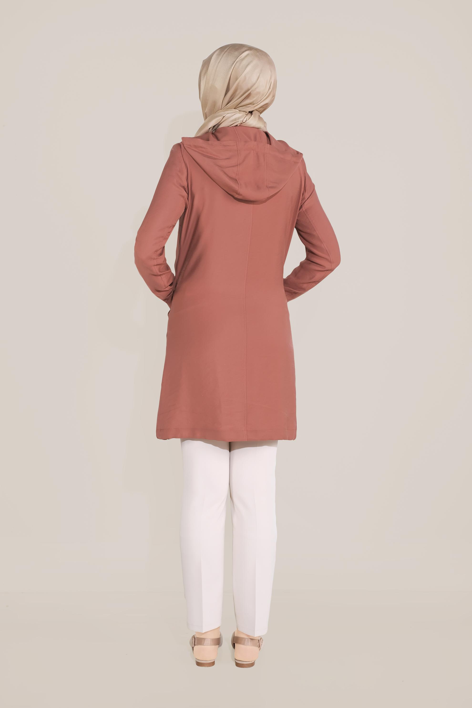 Tesettür giyim TURUNCU FERMUARLI VE KAPÜŞONLU TRENÇKOT 10187