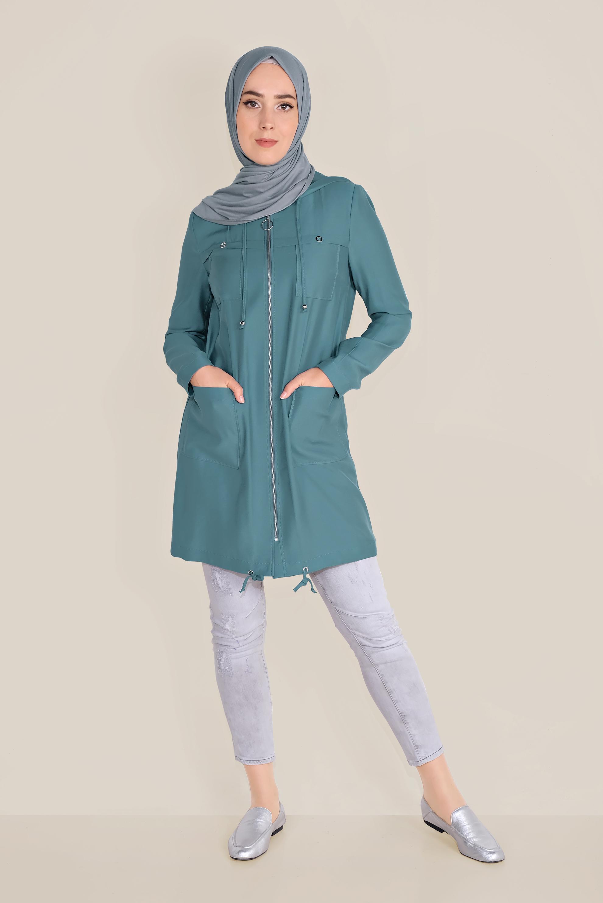 Tesettür giyim MAVİ FERMUARLI VE KAPÜŞONLU TRENÇKOT 10187