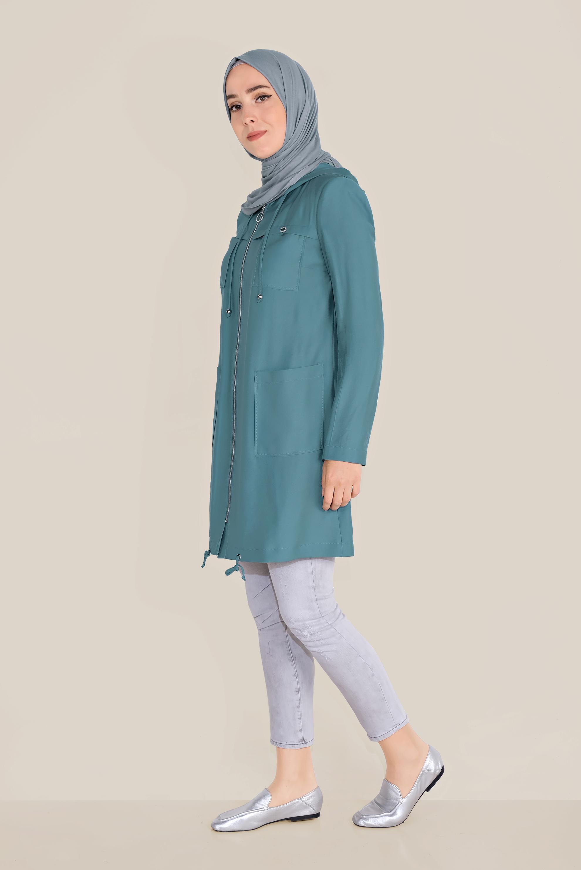 Tesettür giyim MAVİ FERMUARLI VE KAPÜŞONLU TRENÇKOT 10187