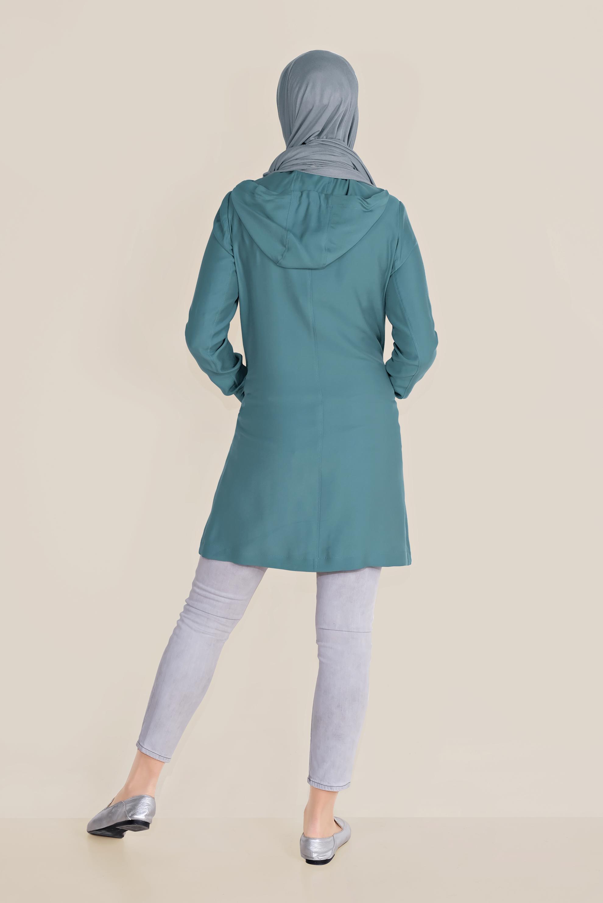 Tesettür giyim MAVİ FERMUARLI VE KAPÜŞONLU TRENÇKOT 10187