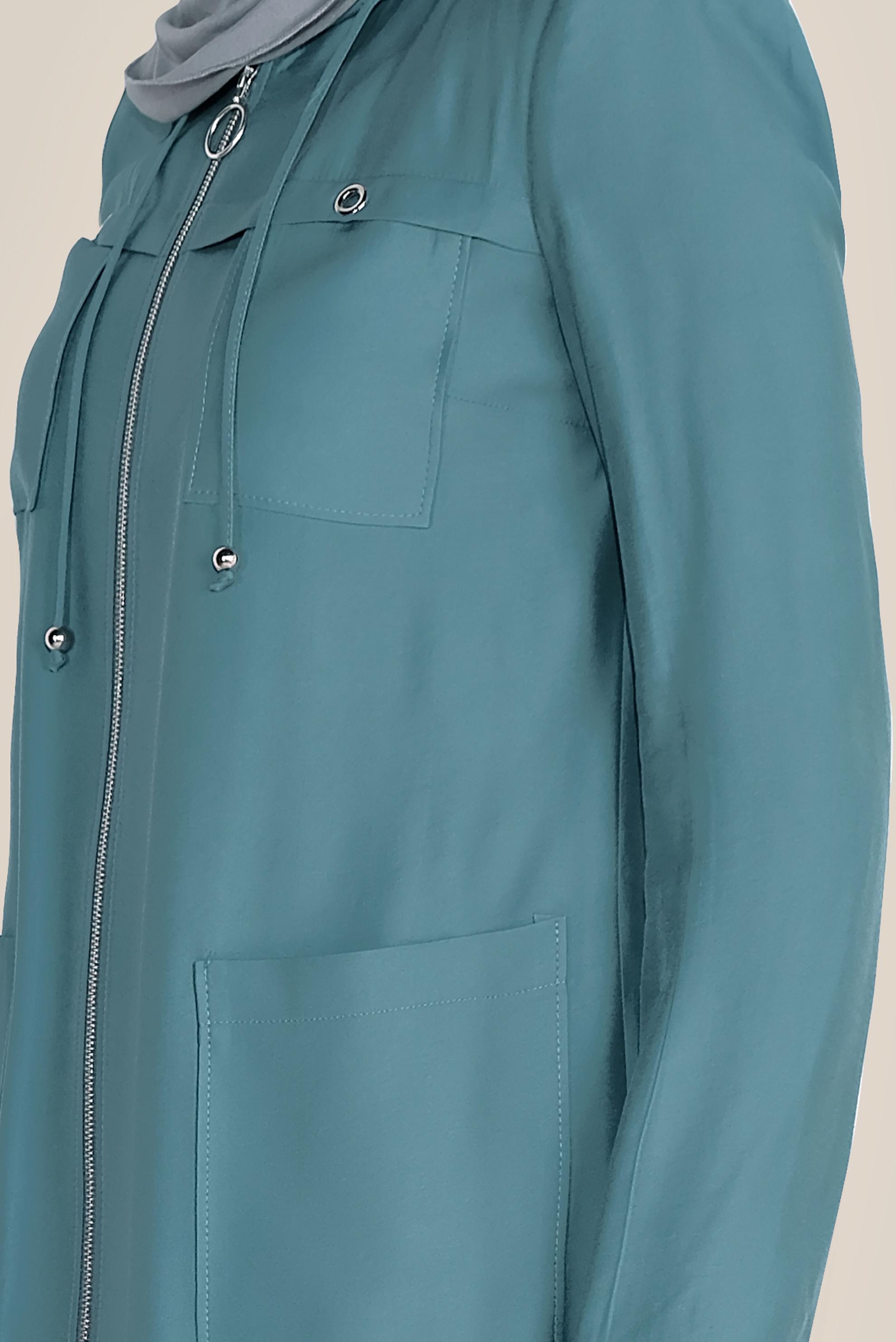 Tesettür giyim MAVİ FERMUARLI VE KAPÜŞONLU TRENÇKOT 10187