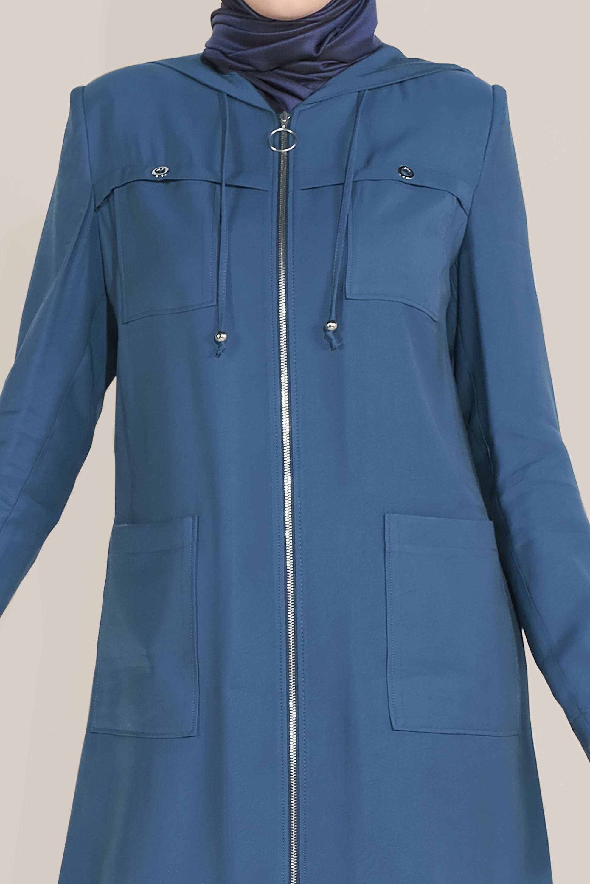 Tesettür giyim LACİVERT FERMUARLI VE KAPÜŞONLU TRENÇKOT 10187