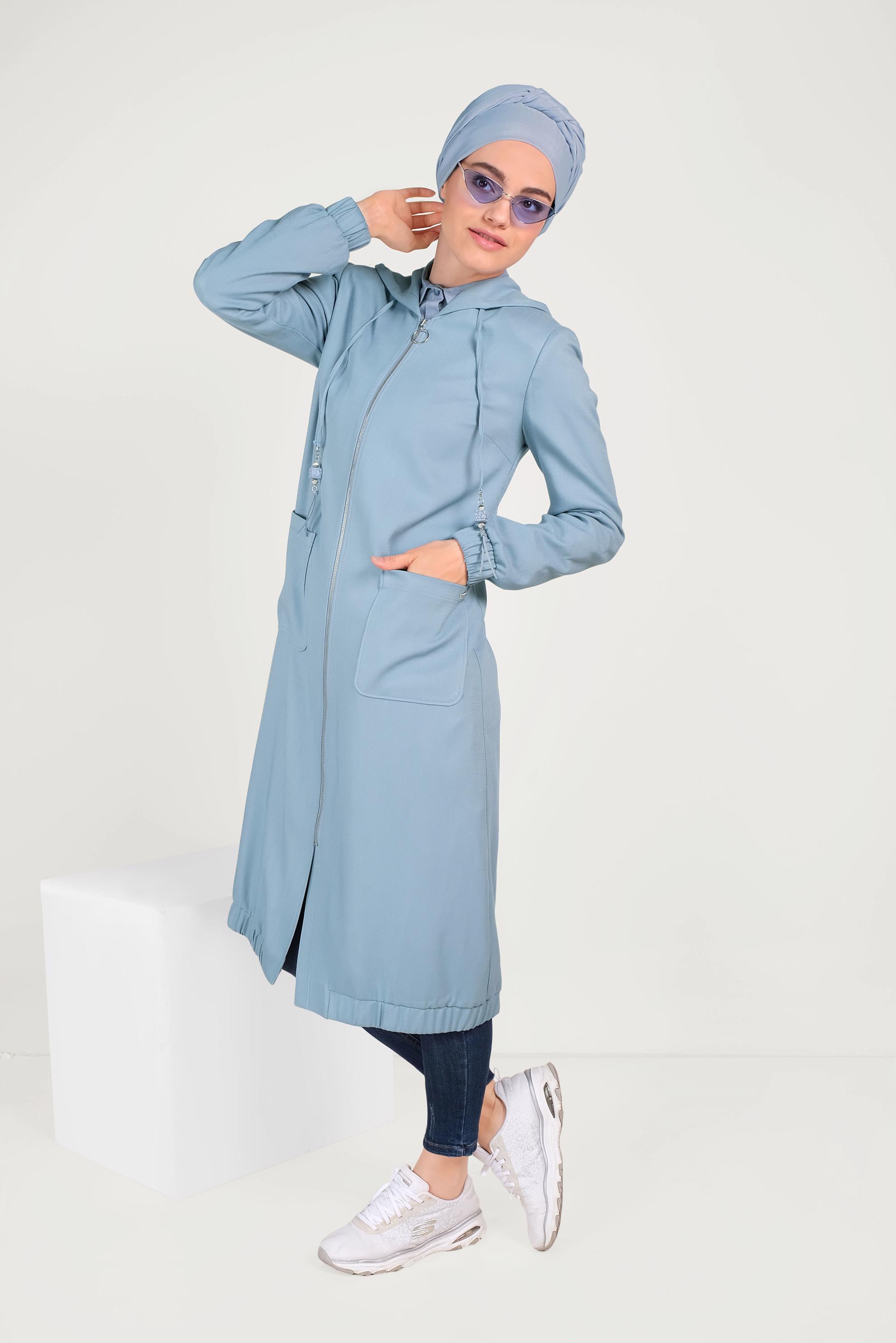 Tesettür giyim MAVİ KAPÜŞONLU FERMUARLI TRENÇKOT 10188