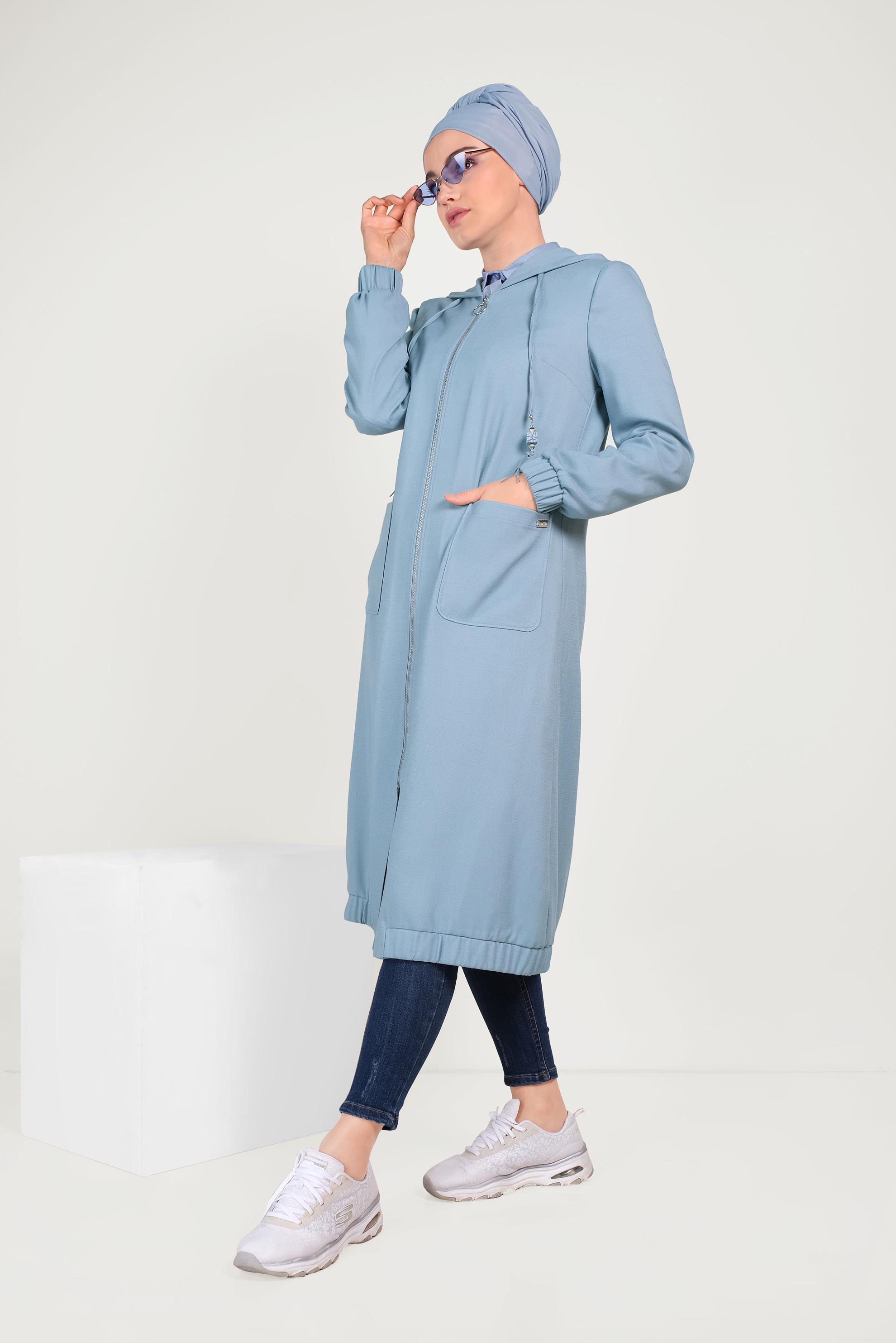 Tesettür giyim MAVİ KAPÜŞONLU FERMUARLI TRENÇKOT 10188