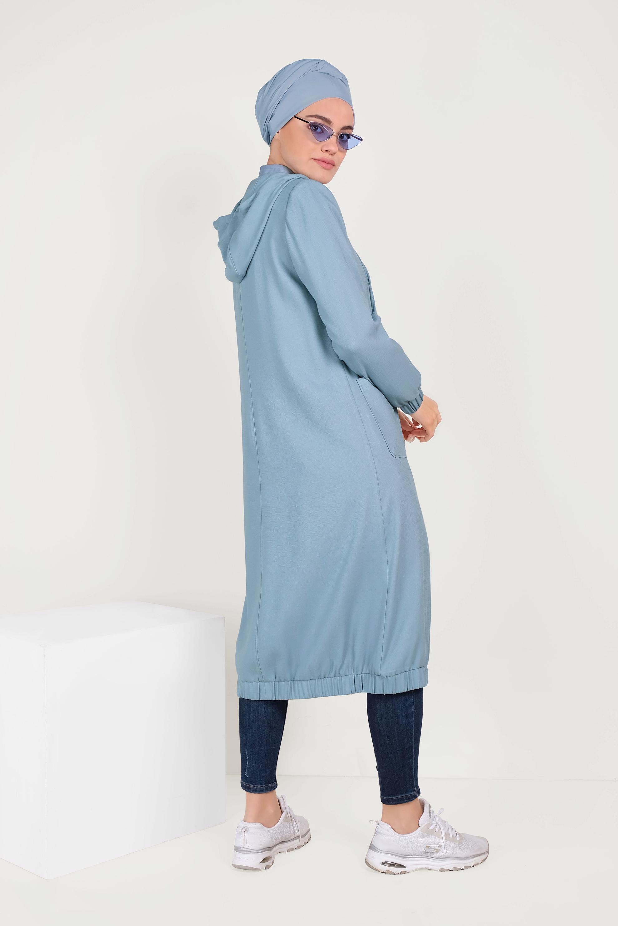 Tesettür giyim MAVİ KAPÜŞONLU FERMUARLI TRENÇKOT 10188