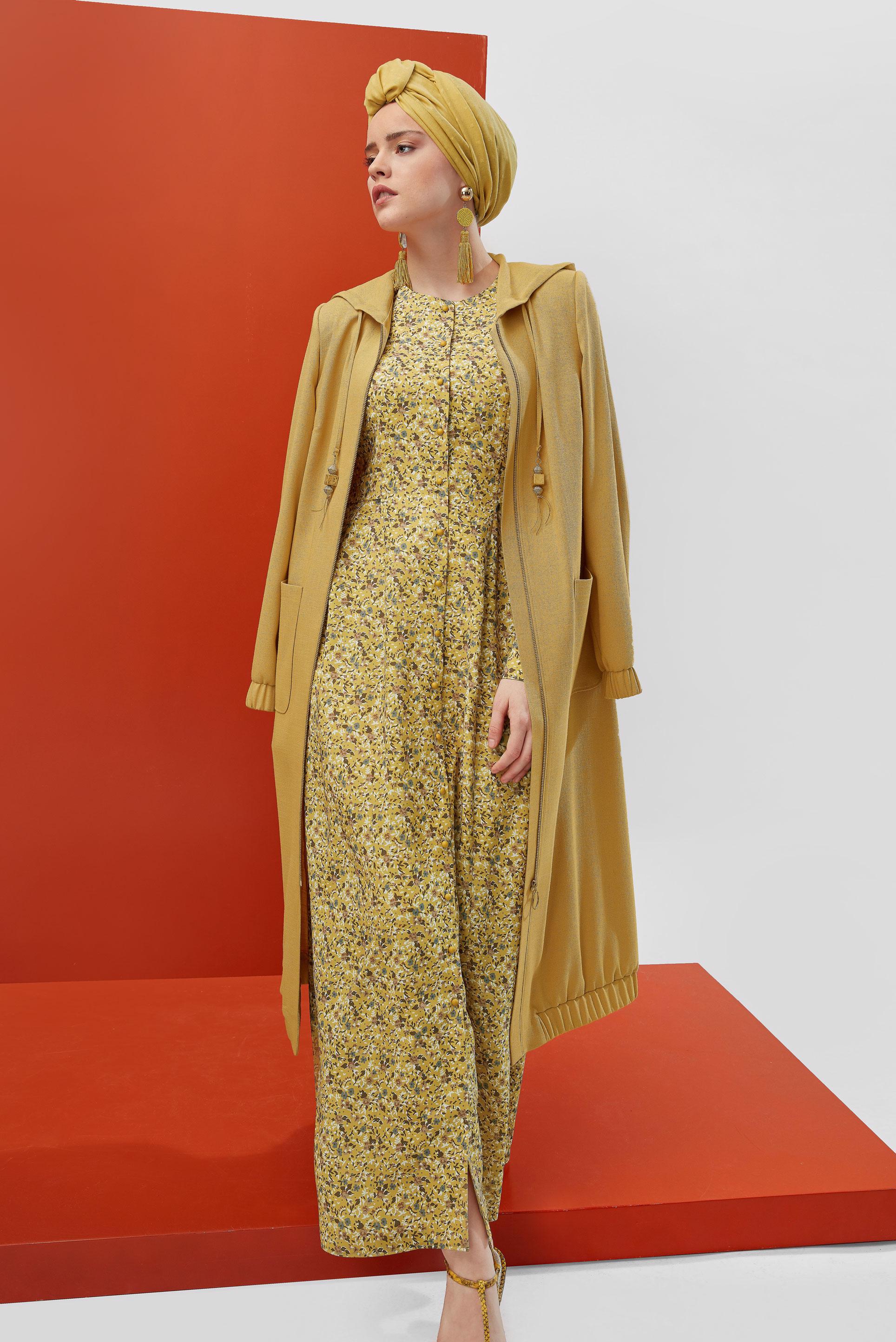 Tesettür giyim SARI KAPÜŞONLU FERMUARLI TRENÇKOT 10188