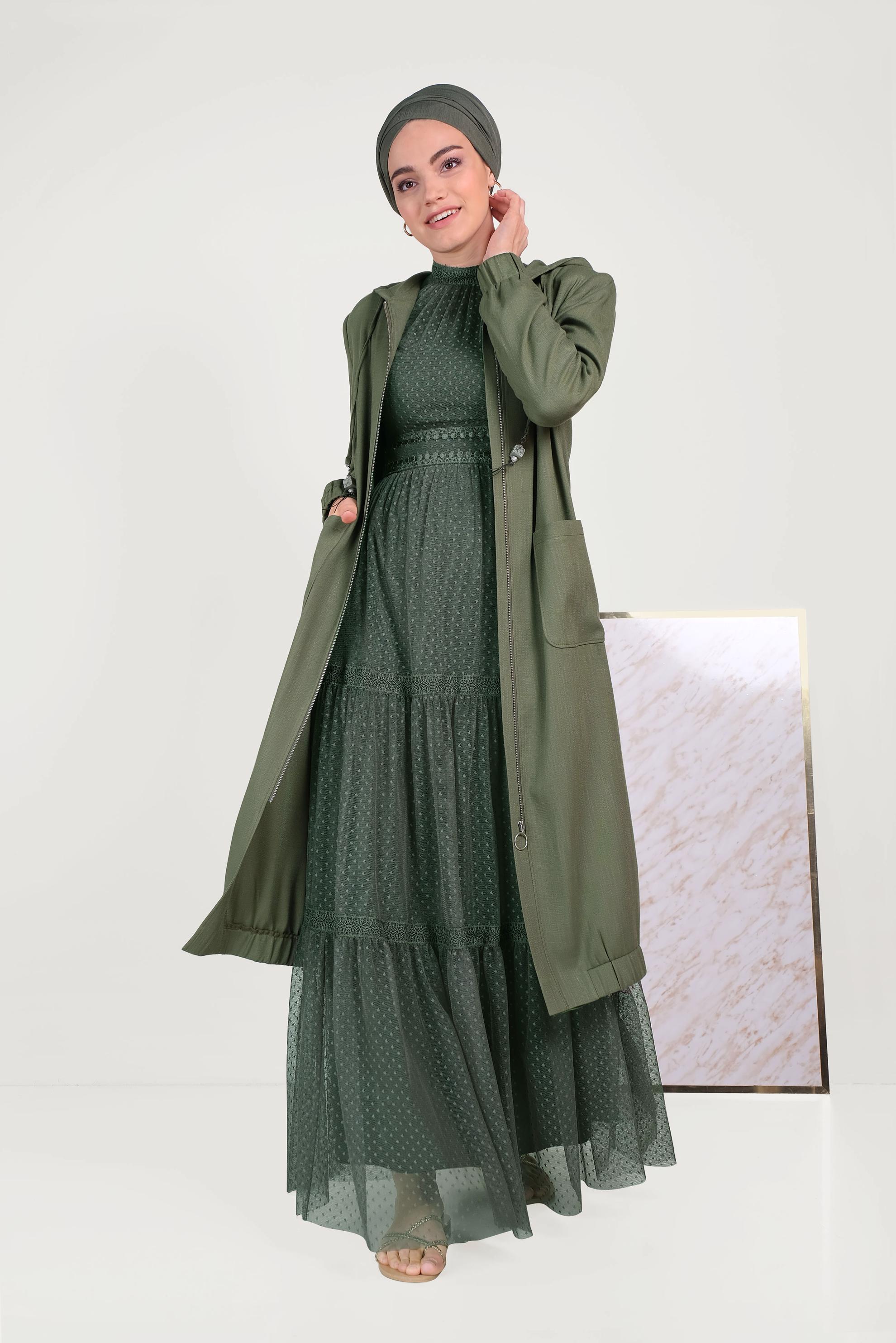 Tesettür giyim HAKİ KAPÜŞONLU FERMUARLI TRENÇKOT 10188