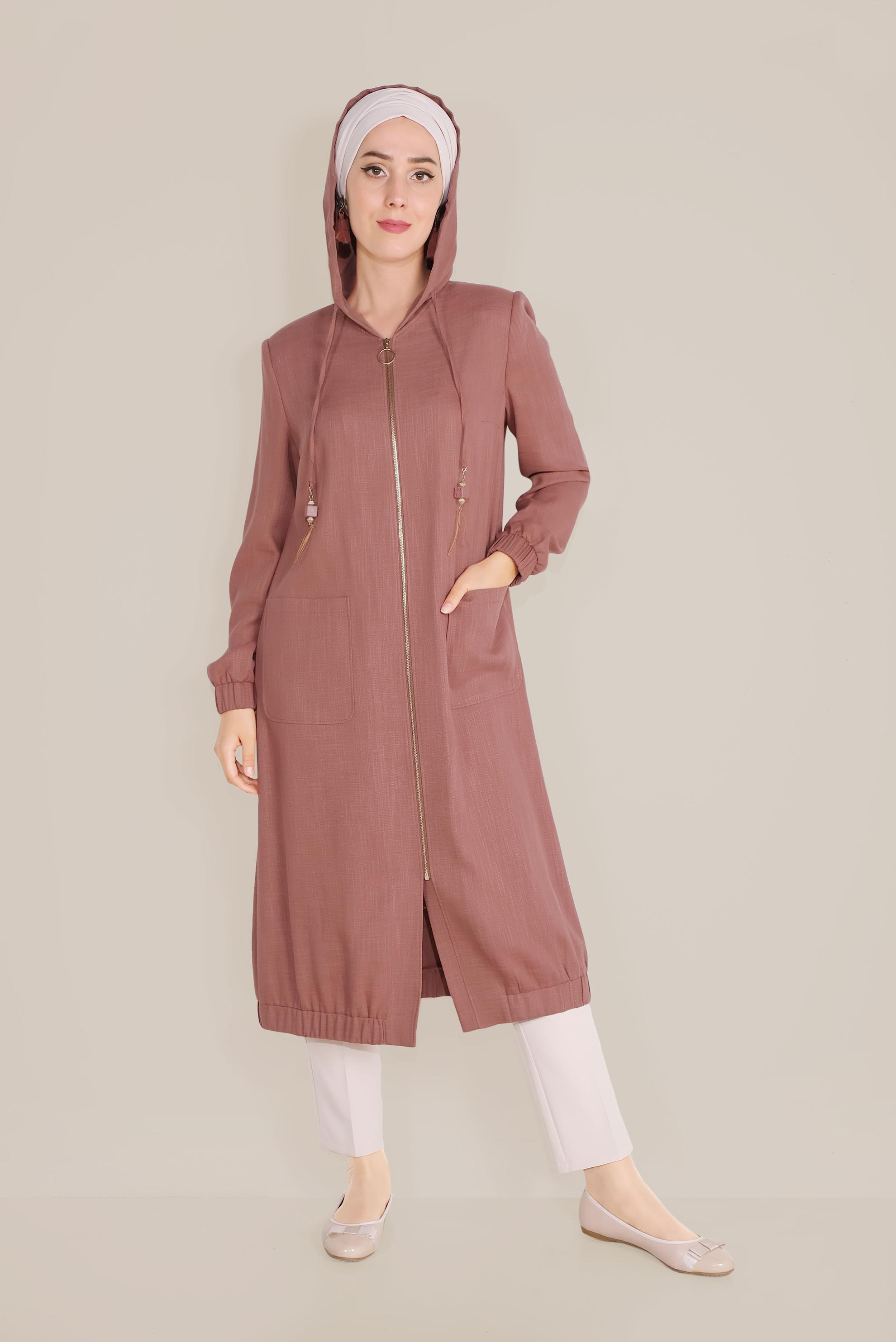 Tesettür giyim TURUNCU KAPÜŞONLU FERMUARLI TRENÇKOT 10188