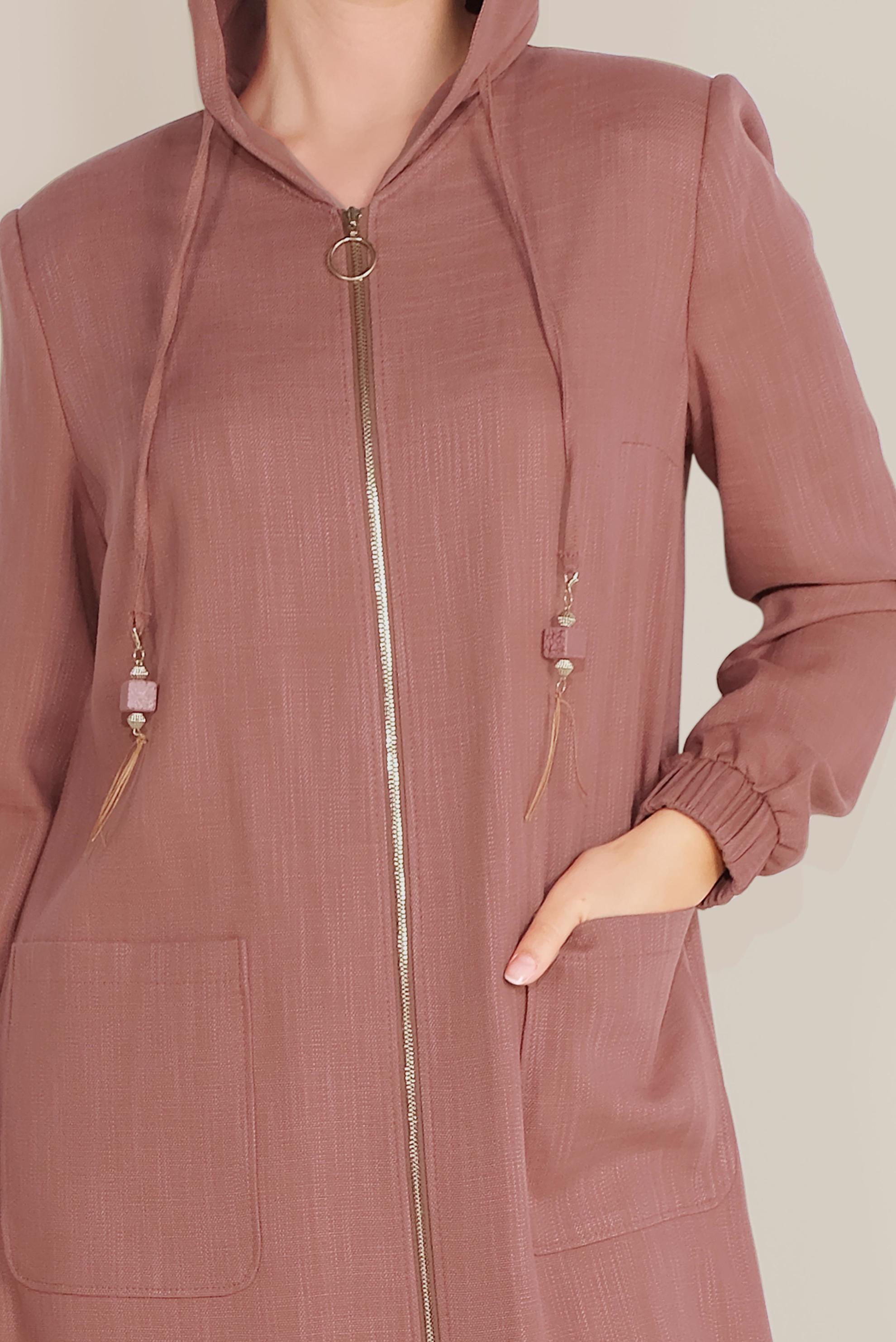 Tesettür giyim TURUNCU KAPÜŞONLU FERMUARLI TRENÇKOT 10188