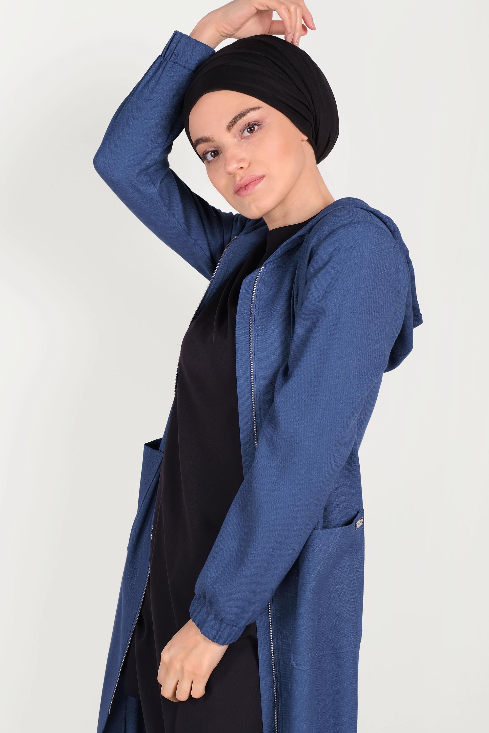 Tesettür giyim LACİVERT KAPÜŞONLU FERMUARLI TRENÇKOT 10188