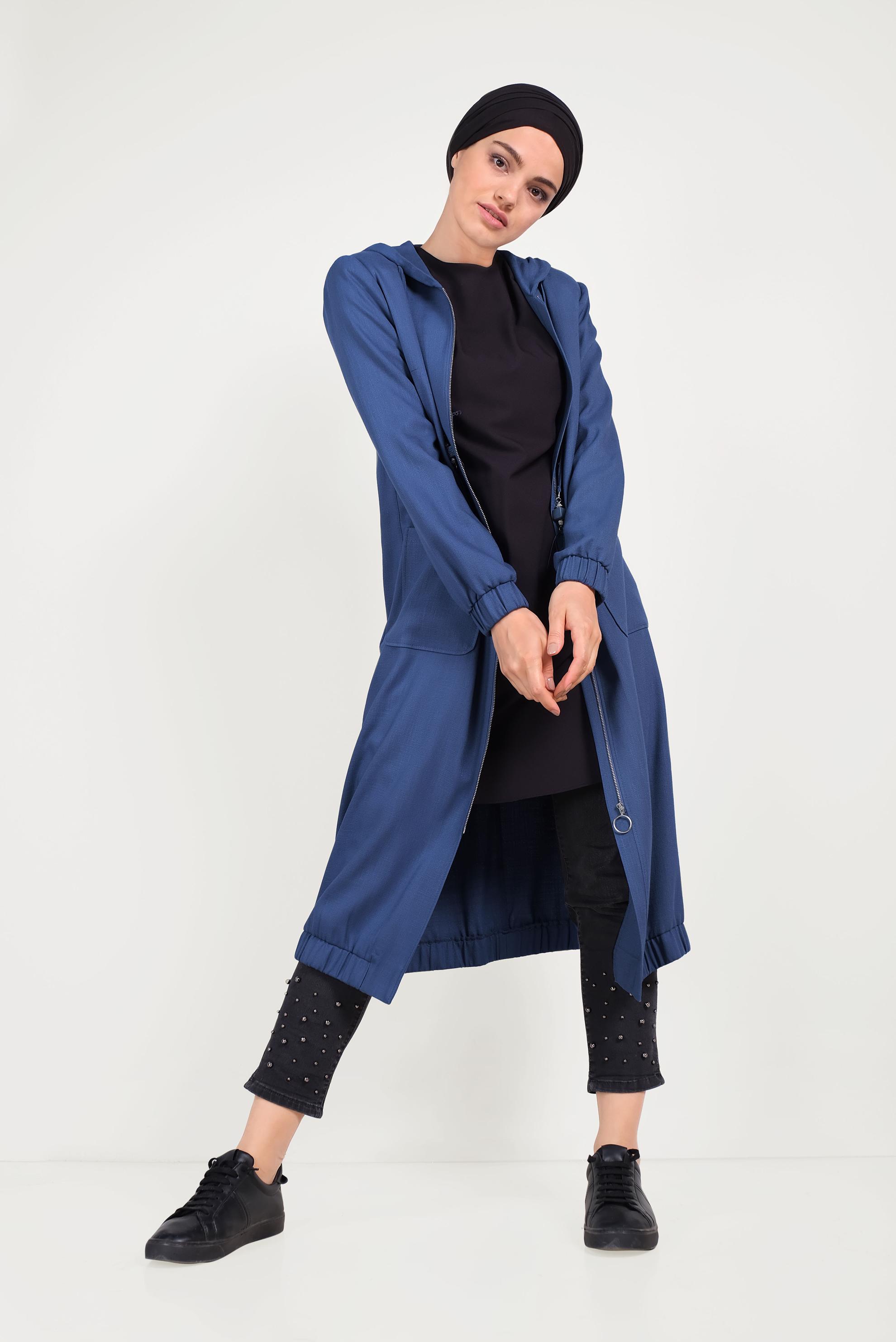 Tesettür giyim LACİVERT KAPÜŞONLU FERMUARLI TRENÇKOT 10188