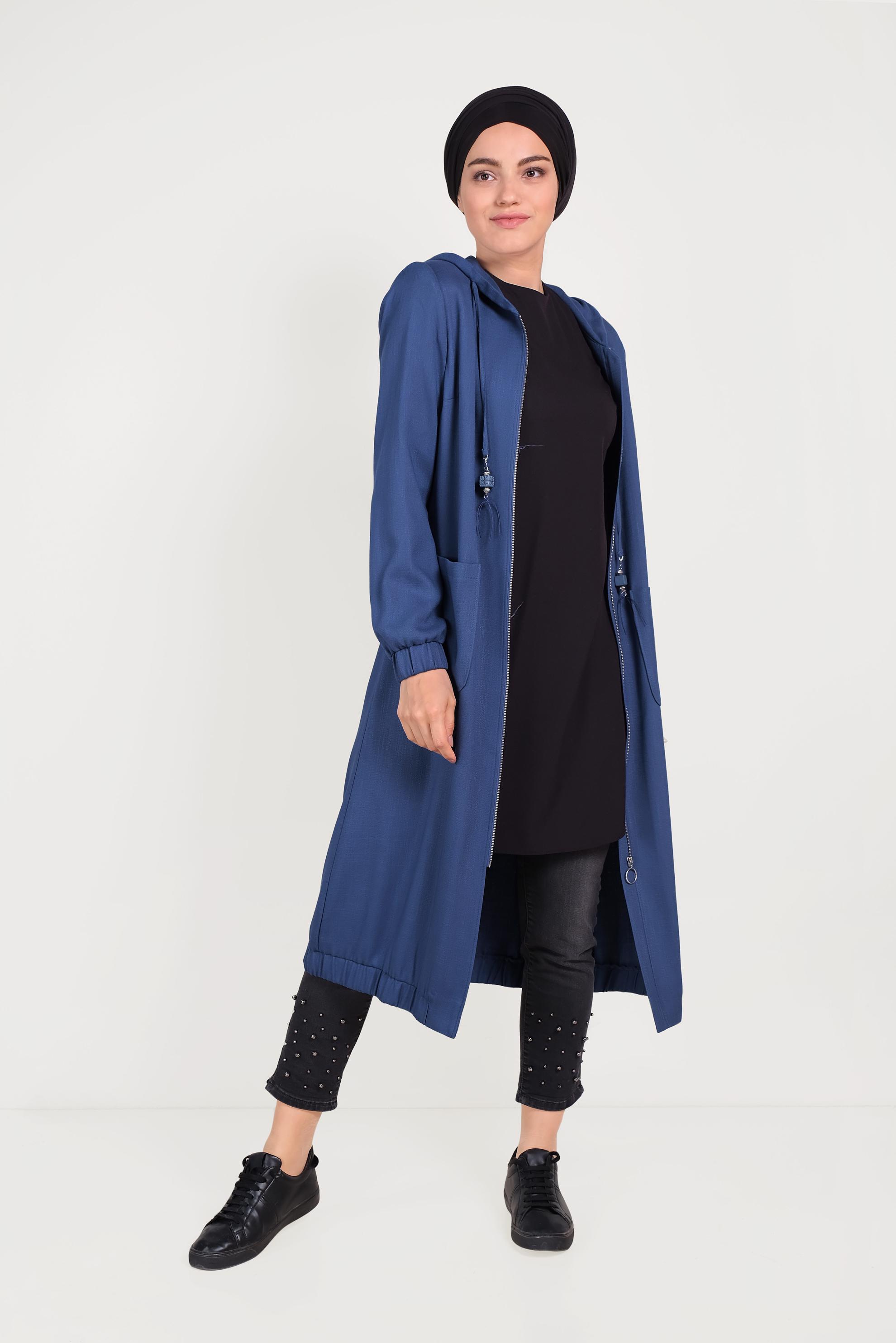 Tesettür giyim LACİVERT KAPÜŞONLU FERMUARLI TRENÇKOT 10188