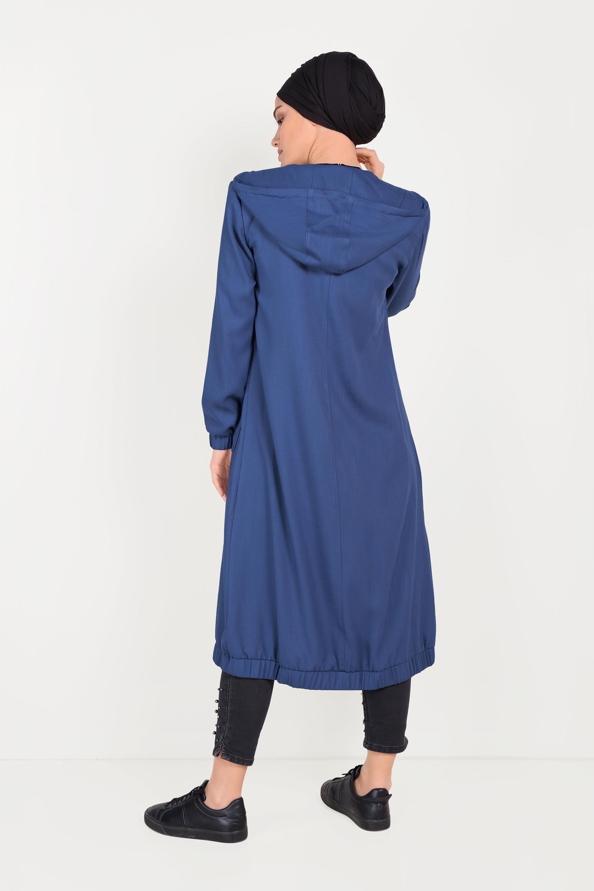 Tesettür giyim LACİVERT KAPÜŞONLU FERMUARLI TRENÇKOT 10188