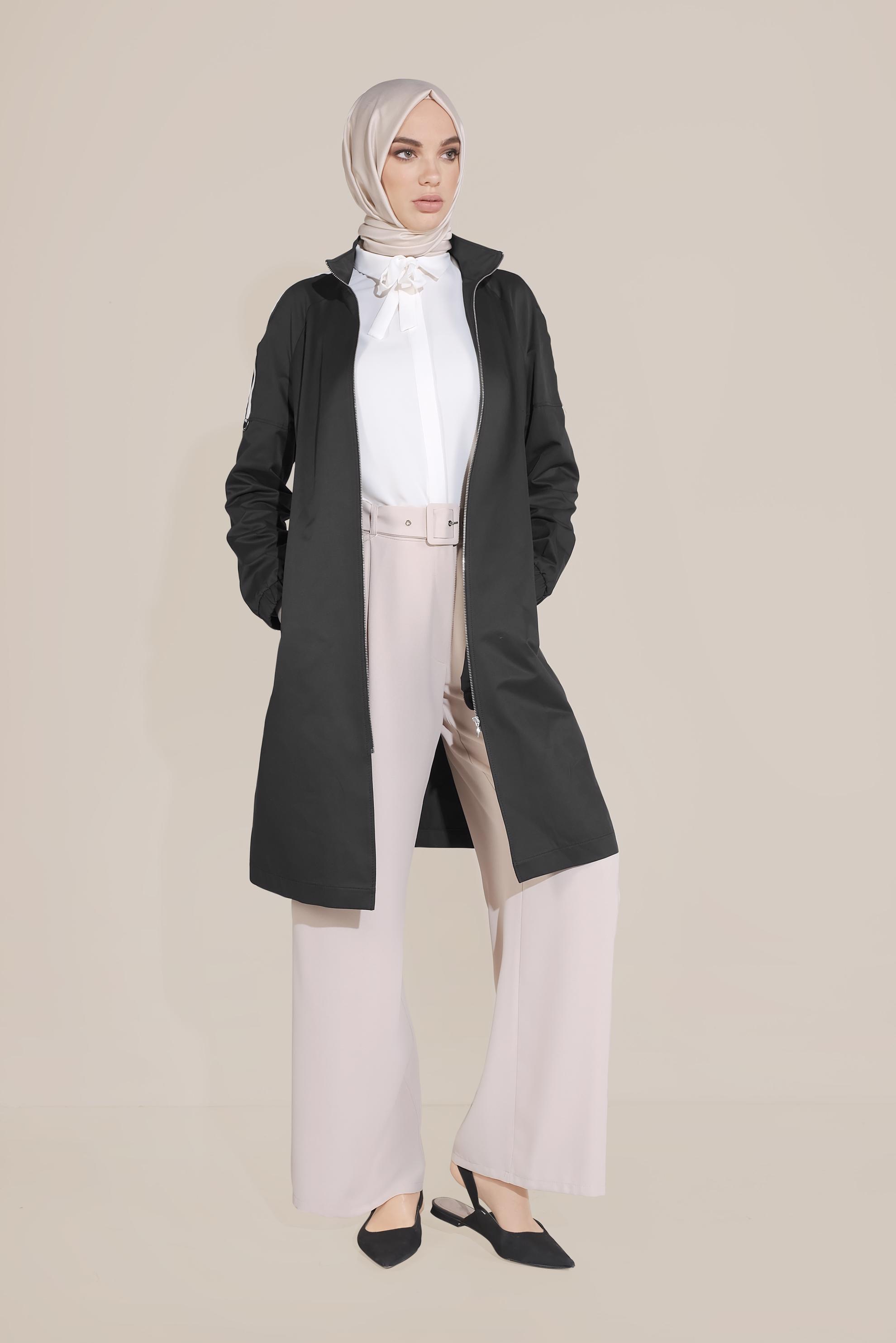 Tesettür giyim SİYAH ŞERİT DETAYLI SPOR TRENÇKOT 10189