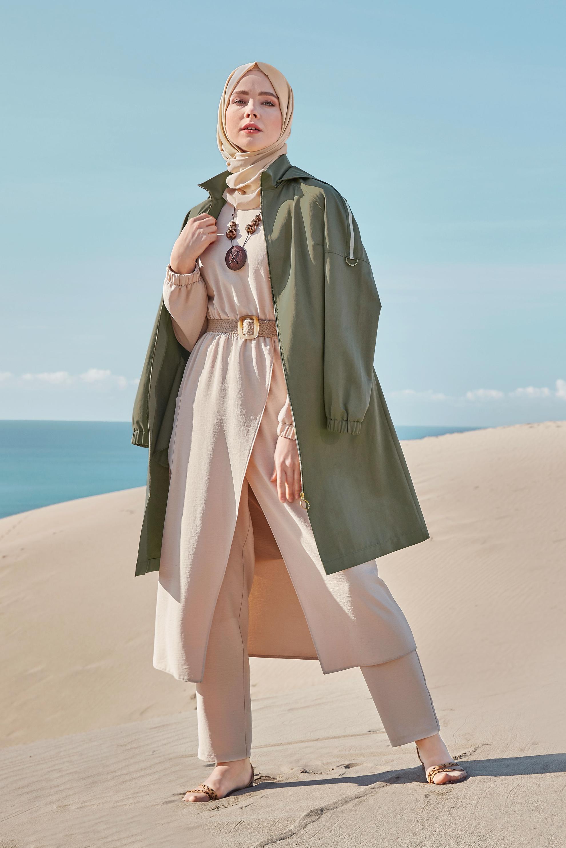 Hijab clothing KHAKI STRIPPED TRENCH-COAT 10189