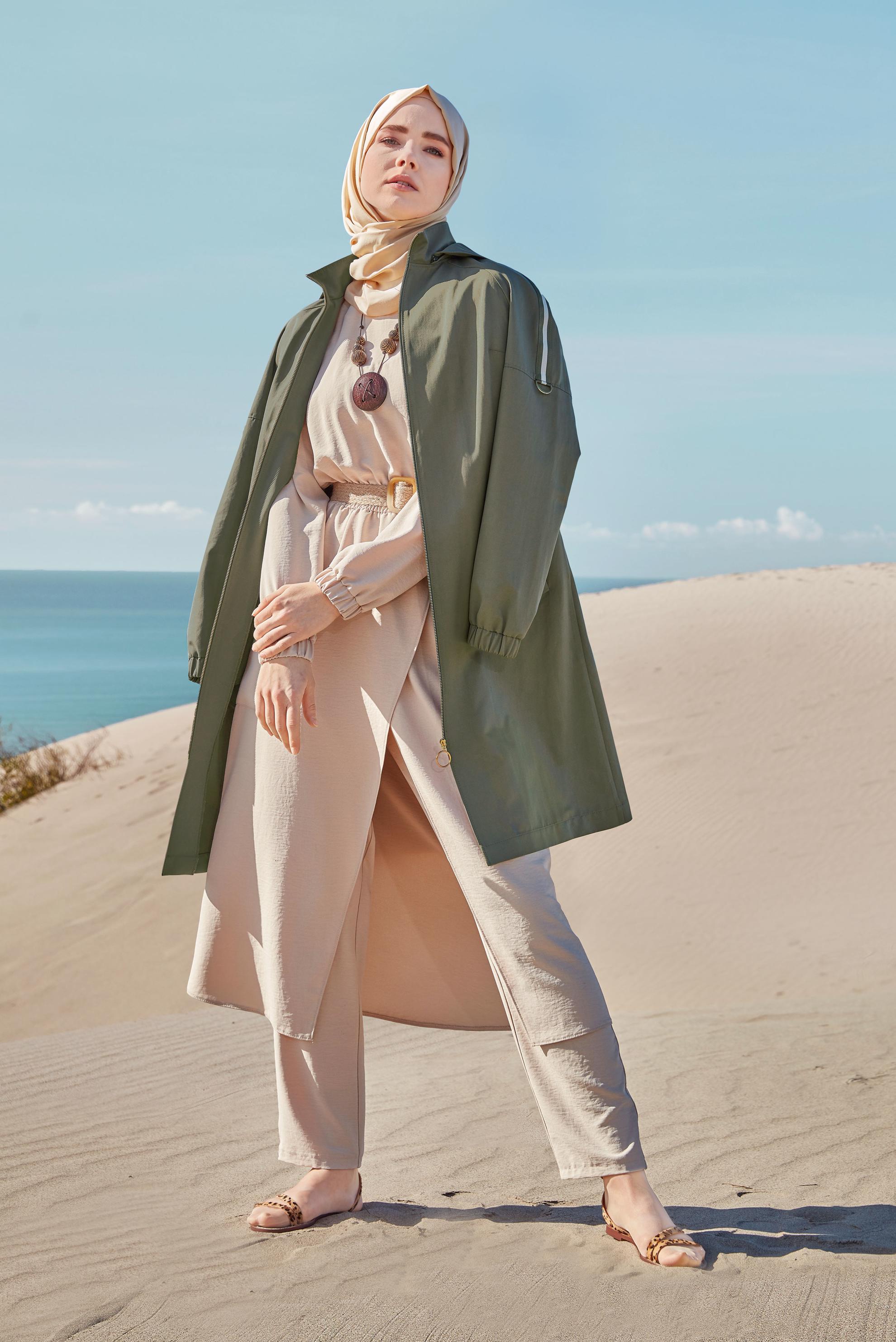 Hijab clothing KHAKI STRIPPED TRENCH-COAT 10189