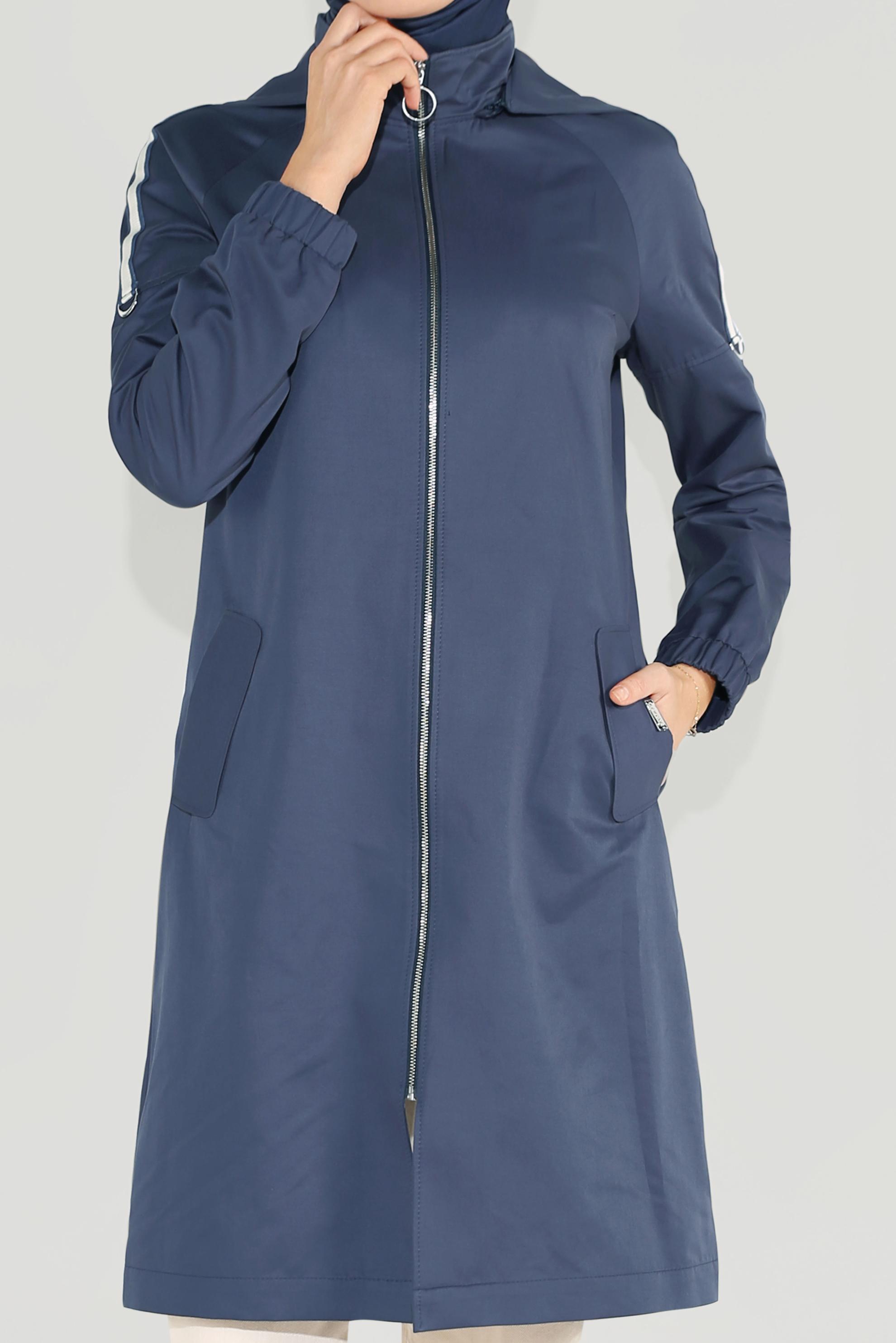 Tesettür giyim LACİVERT ŞERİT DETAYLI SPOR TRENÇKOT 10189