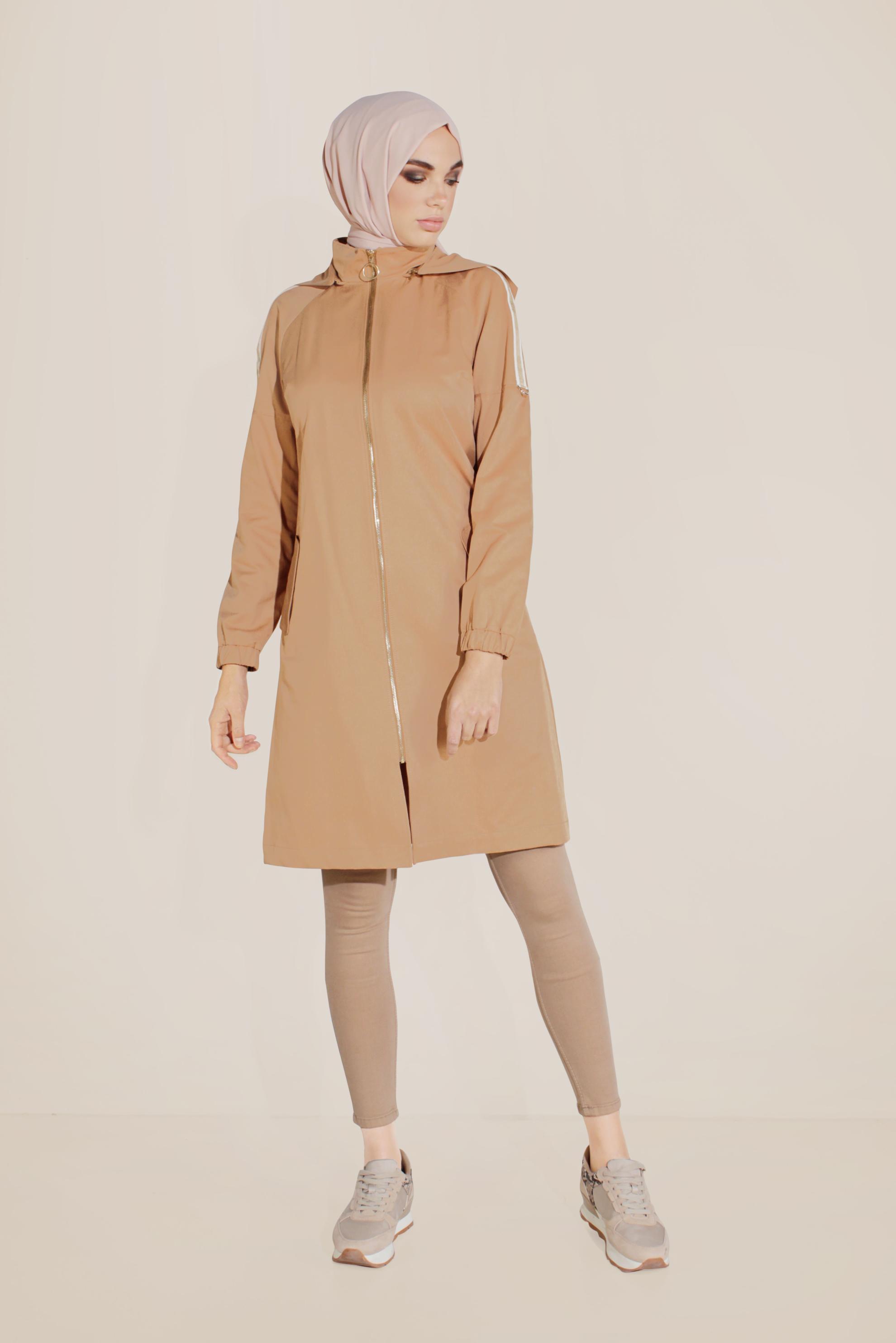 Tesettür giyim KAHVE ŞERİT DETAYLI SPOR TRENÇKOT 10189