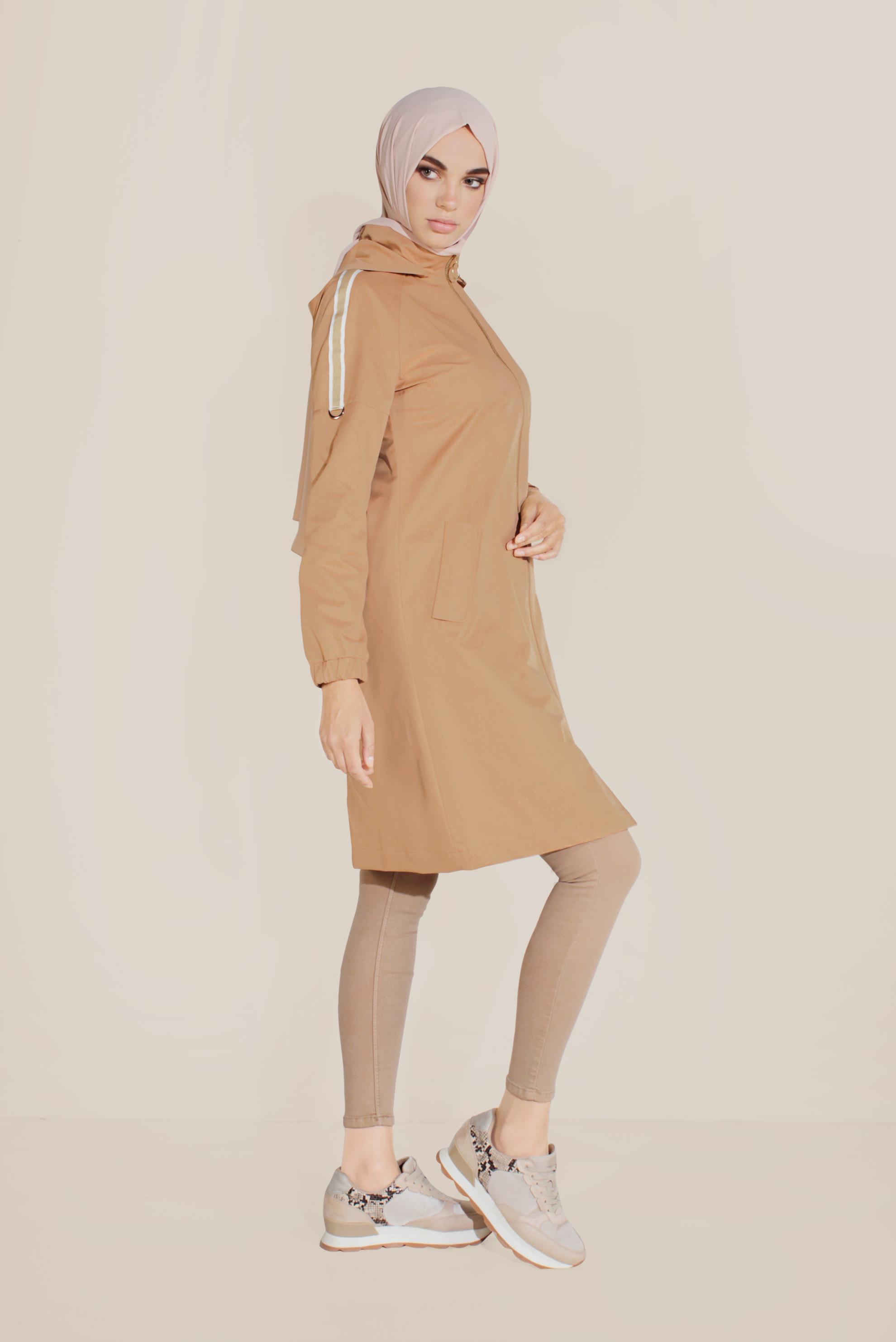Tesettür giyim KAHVE ŞERİT DETAYLI SPOR TRENÇKOT 10189