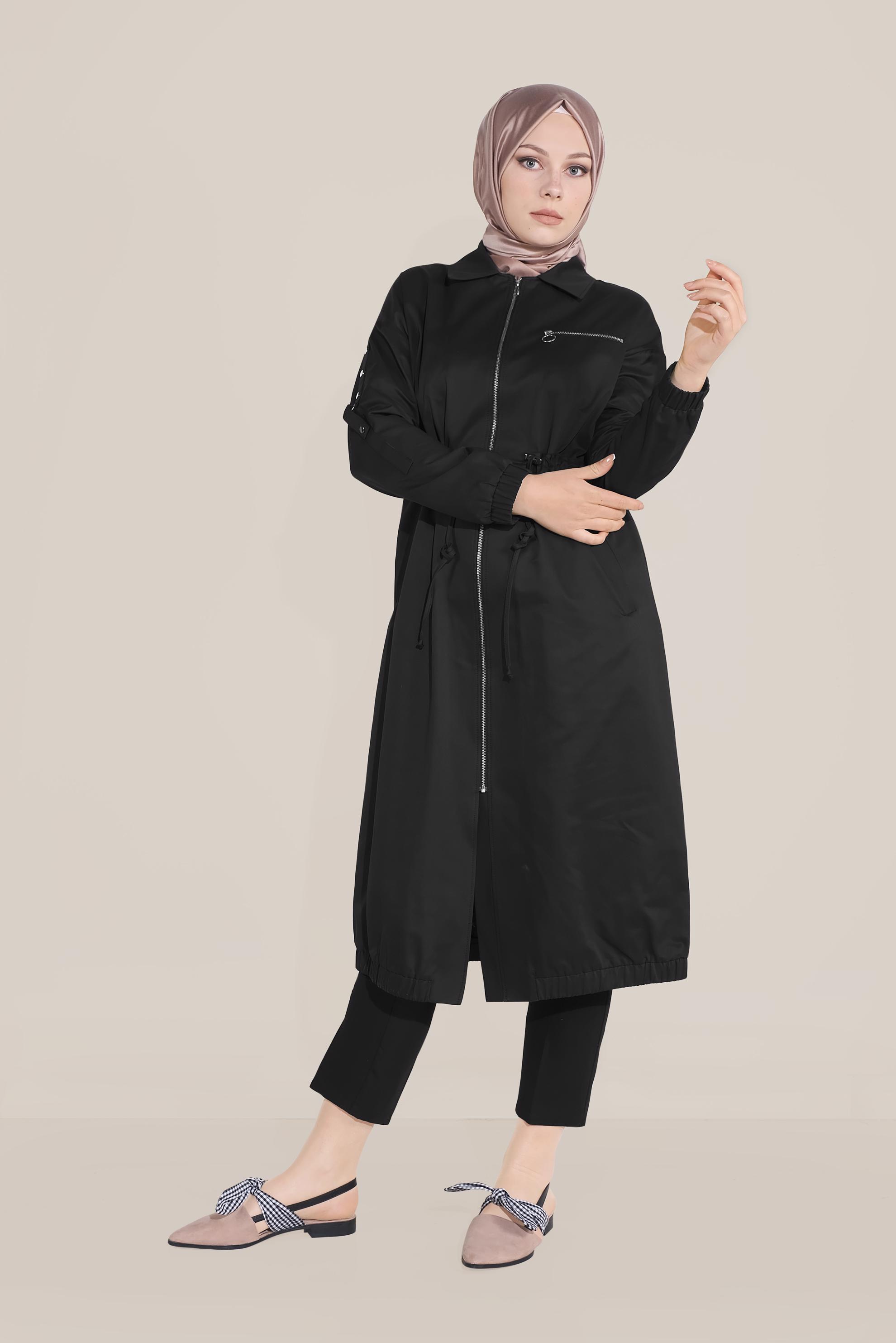 Tesettür giyim SİYAH BELİ BAĞCIKLI FERMUARLI TRENÇKOT 10191